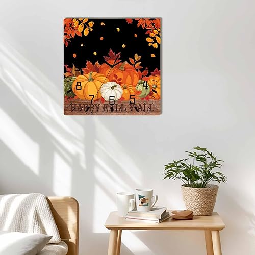 Miniatura 2 de Debedcor Pumpkin Thanksgiving Wooden Wall Clock Silent Non Ticking, Black Autumn Leaf Happy Fall Y'all Square Wall Clock Battery Operated, Decor