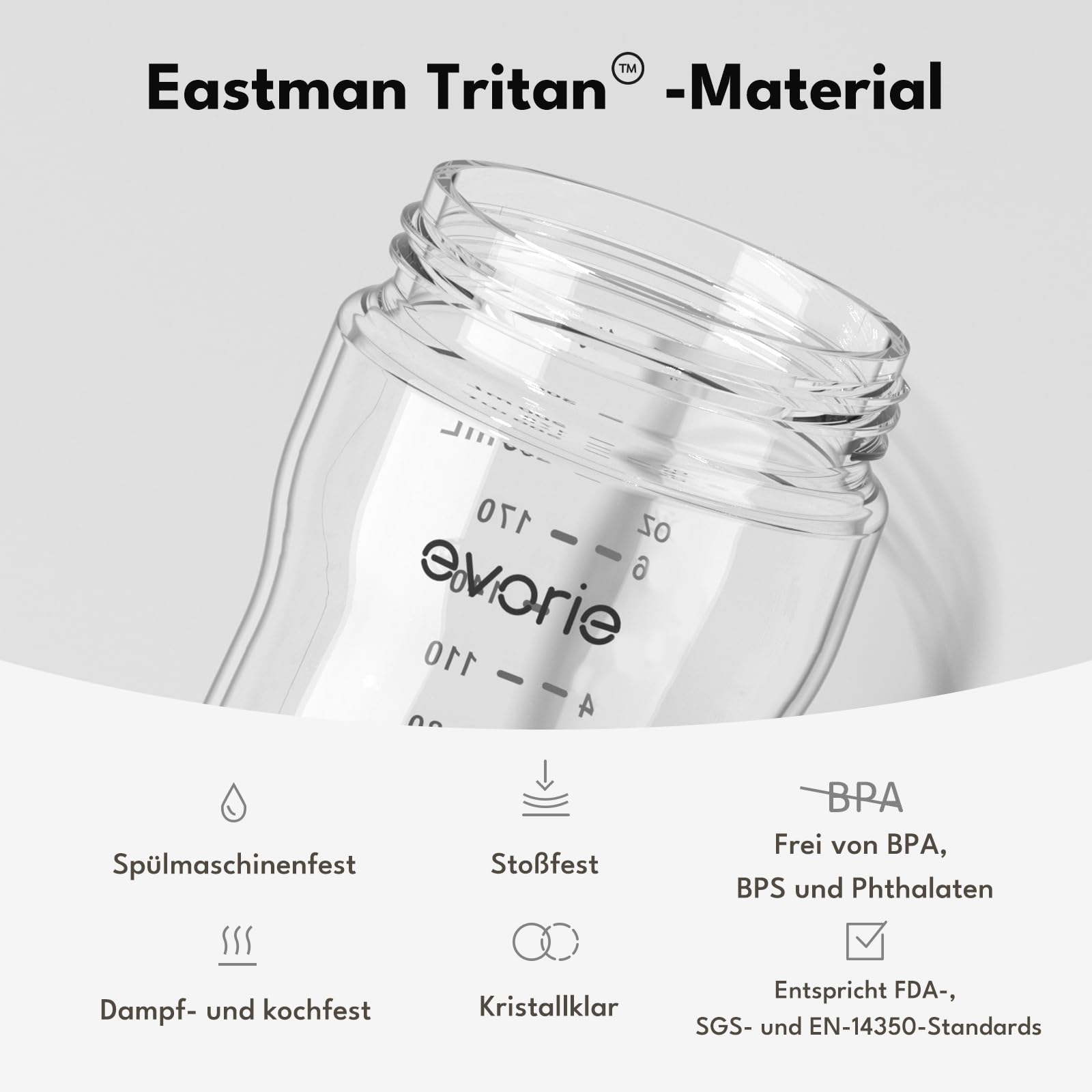 Evorie Tritan Trinkflasche mit Gewichtsstrohhalm 200 ml, auslaufsicher mit Griffen für Babys ab 6 Monaten, Trinklernflasche
