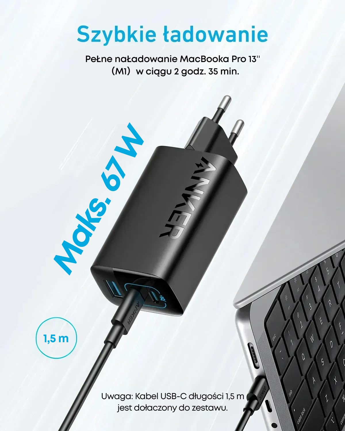Ładowarka USB-C 67 W, Anker 335 wysokowydajny zasilacz z PIQ 3.0, 3-portowa szybka ładowarka, ładowarka PD do iPhone 16/15/14, MacBook Pro, iPad, Galaxy (kabel USB-C na USB-C w zestawie)