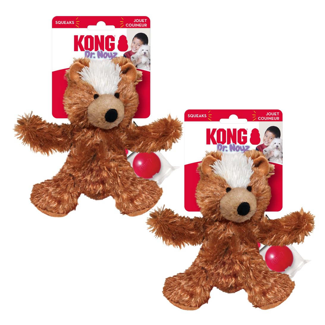KONG Dr. Noyz Teddy Bear Dog Toy 2-Pack – Removable Squeaker, Extra Squeaker Included, Minimal Stuffing for Less Mess, Soft & Cuddly Plush Toy