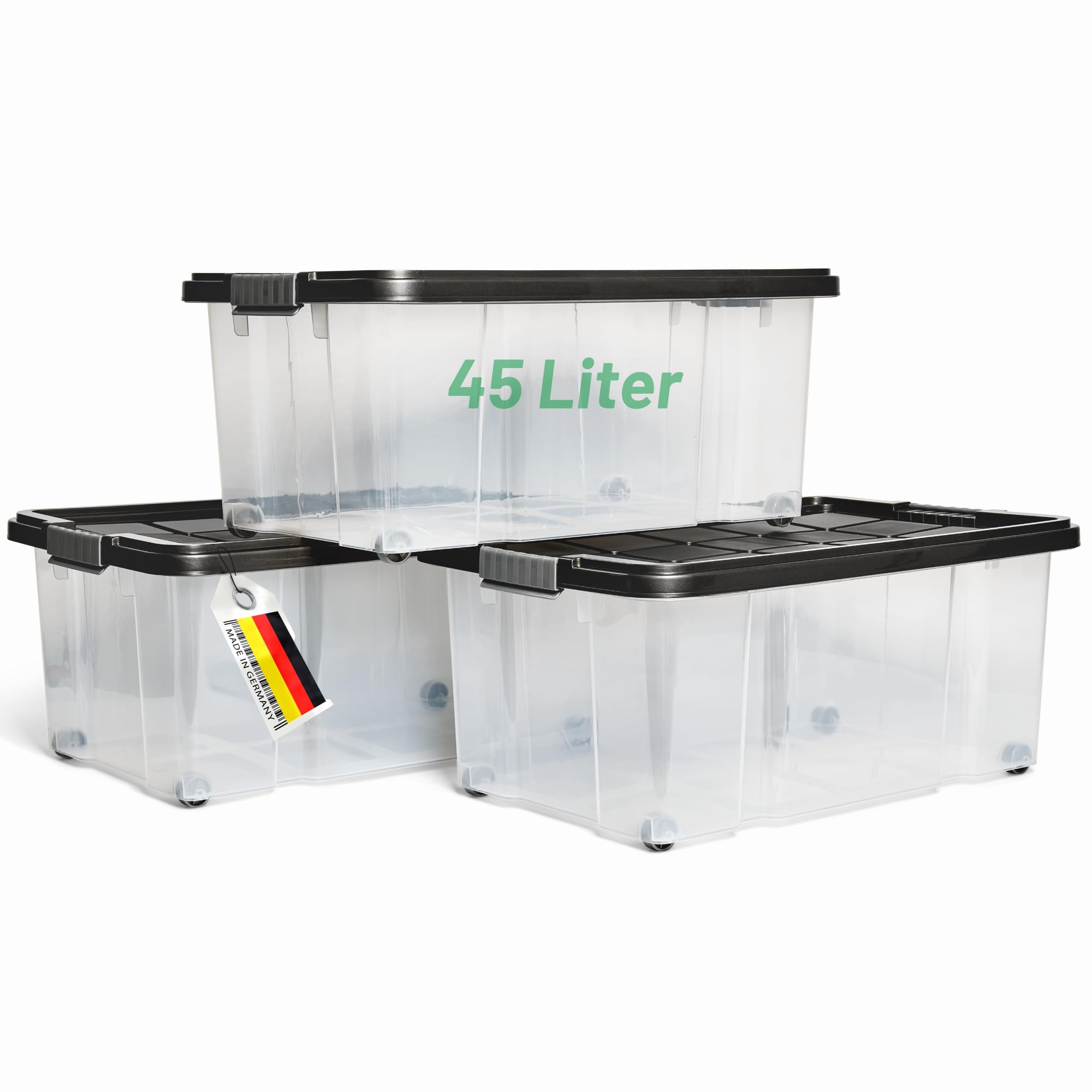 Novaliv 3x Aufbewahrungsboxen mit Deckel Groß 45L Anthrazit Nestbar stapelbar mit Clipverschluss Rollboxen Kunststoff BPA-frei 61x40x26 cm