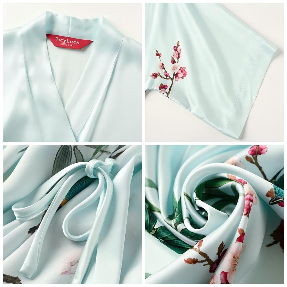Image of Women's Silk Kimono Robe Short Bathrobe Nightgown 100% Mulberry Silk for Women - Classic Floral Pattern