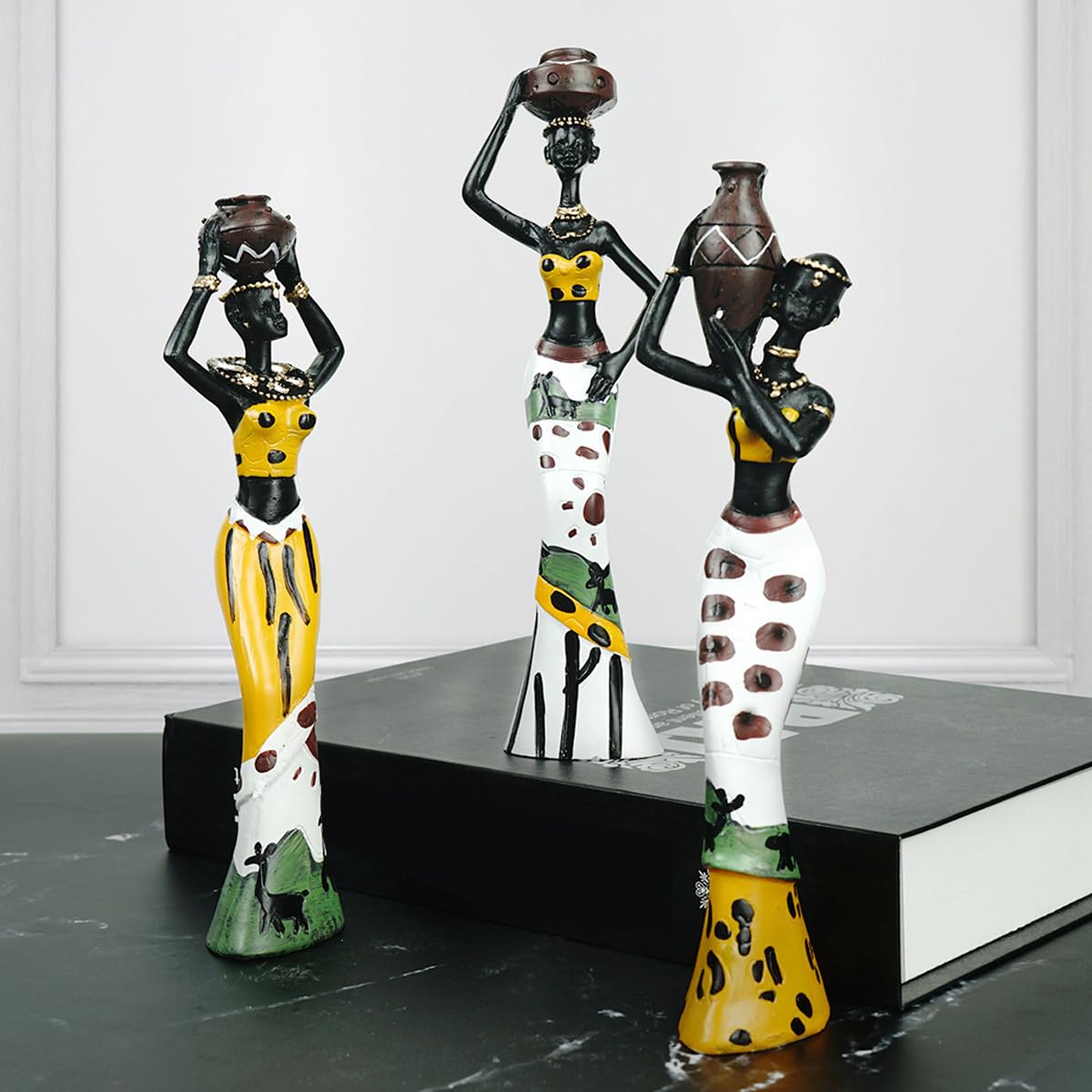 Alnicov Set di 3 Sculture Africane, Statue di Donne Tribali Dipinte a Mano per Soggiorno, Studio, Camera da Letto, Arredamento per La Casa, Statue di Donne Africane in Resina