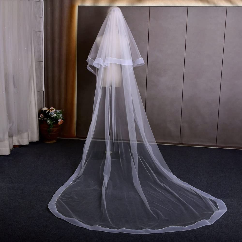 Nozze Long Wedding Veil Cathedral Length Veil 2 Tier Sparking Bride Veil with Blusher Rhinestone Edge Veiled Collection (Color : Ivory, Size : 200cm)