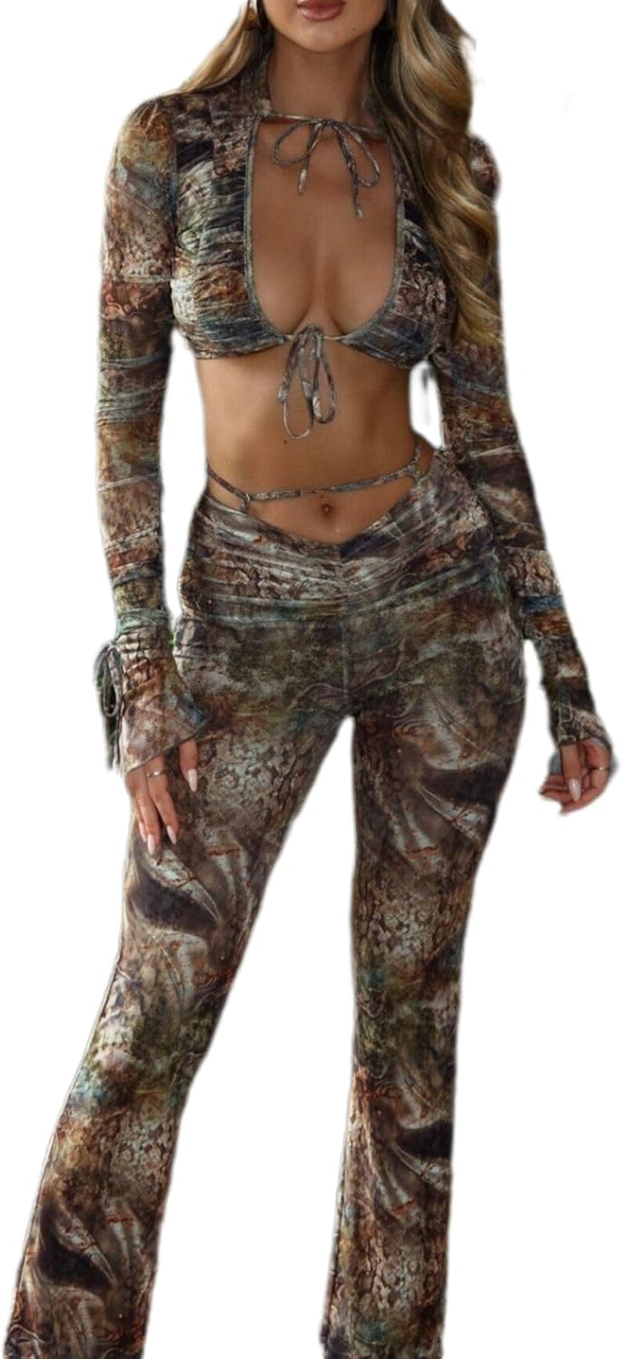 Sexy Two Piece Outfits for Women Deep V Neck Camo Print Crop Top Slim Fit Pleated Pants Sets Going Out Y2k Outfits