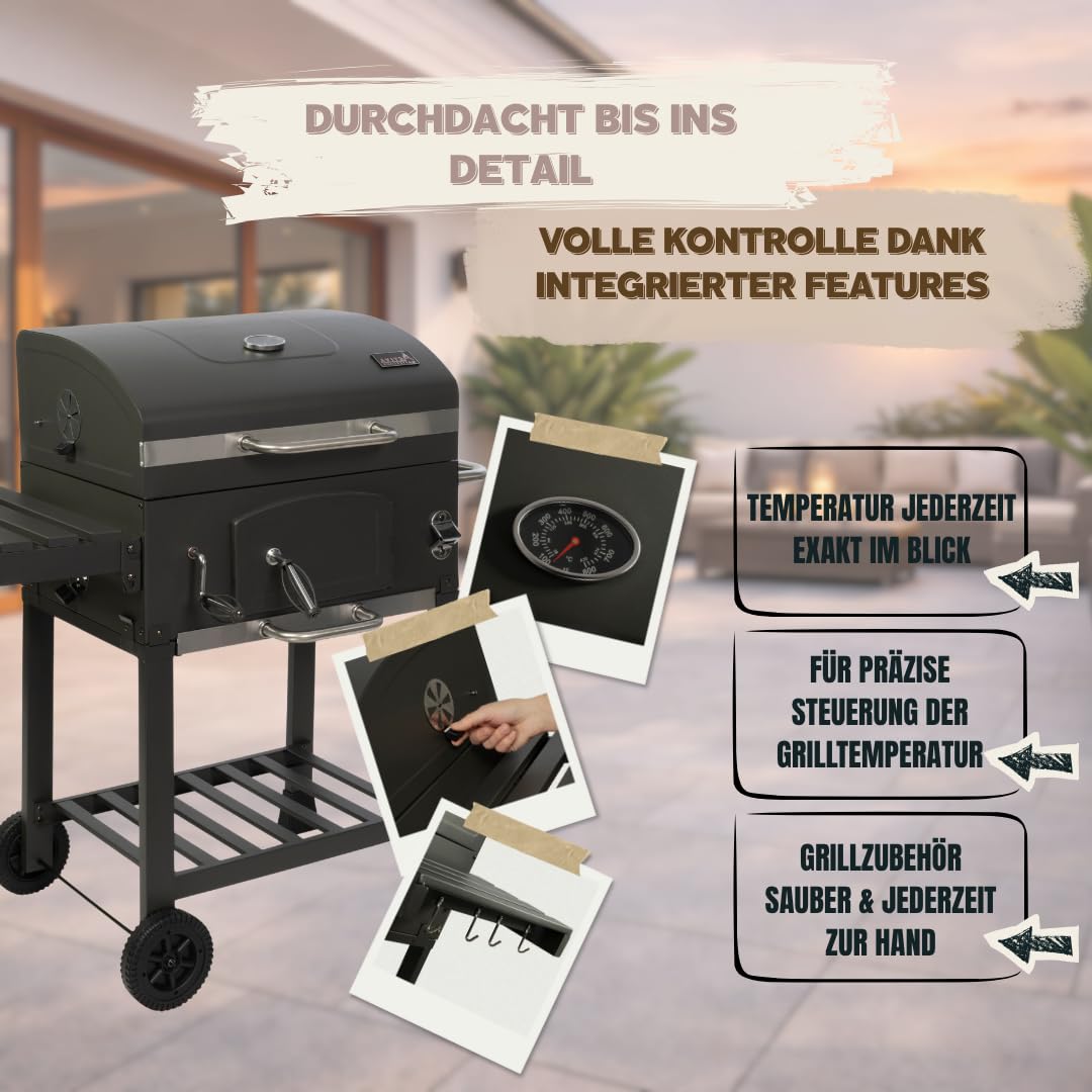 ACTIVA Holzkohlegrill Angular Guss inkl. Gusseisenrost & wetterfester Abdeckhaube I Holzkohlegrill mit Deckel, verstellbarer Kohlewanne & Thermometer I Grillwagen