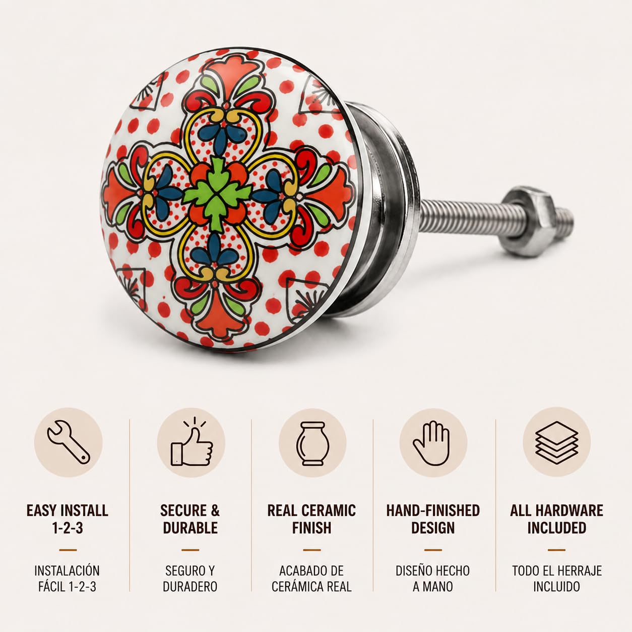 Nacnic 10 Pomos de Cerámica con Flores Estilo Mandala | Tiradores Artesanales para Cocina Cajones Armarios Muebles de Baño | Perillas de Pintadas a Mano | Diámetro y Longitud Perno 40 mm
