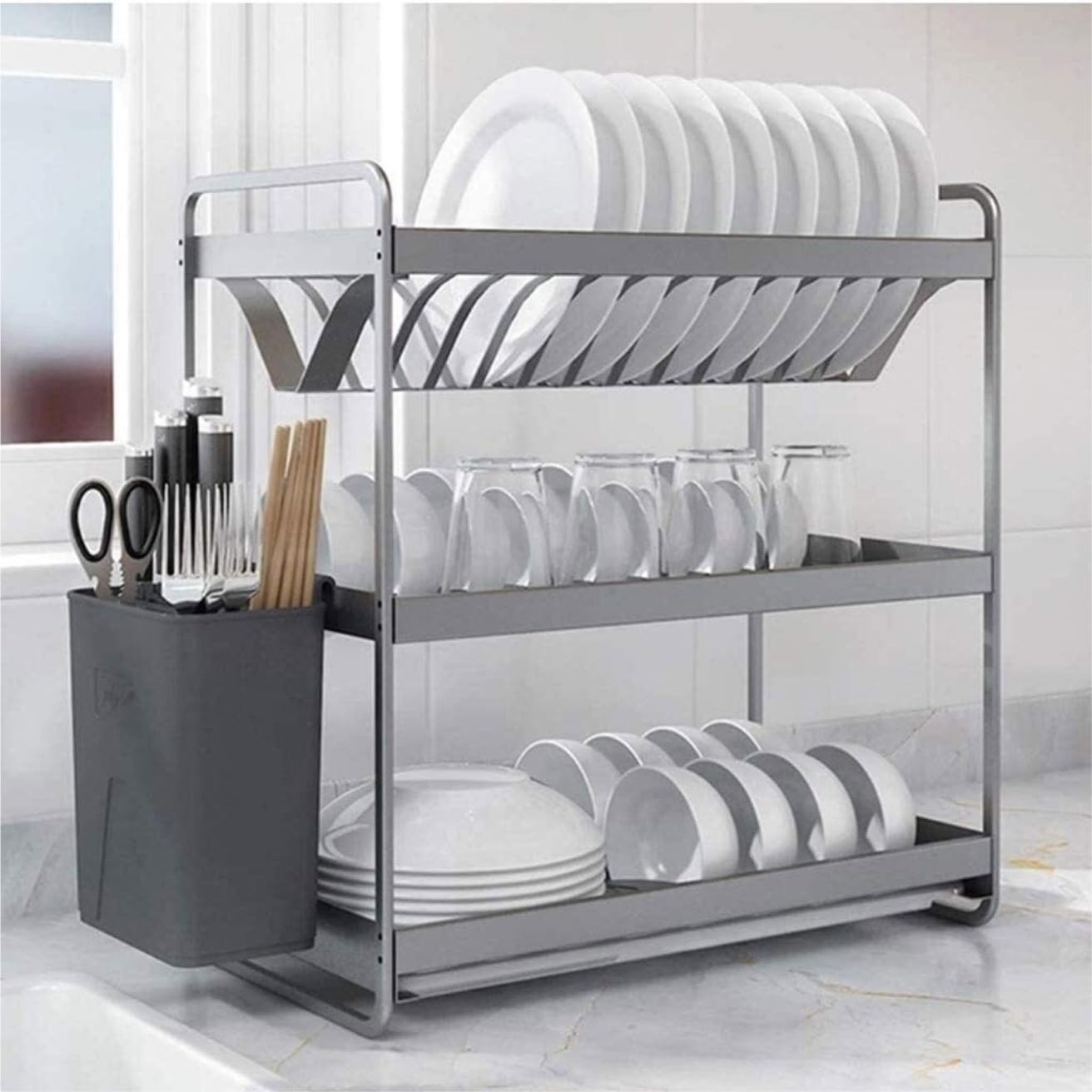 Escurreplatos, Rejilla escurridora Estante De Secado Multifuncional 3 Capas con Escurridor Extraíble Fregadero Cocina Espacio Aluminio Soporte para Platos