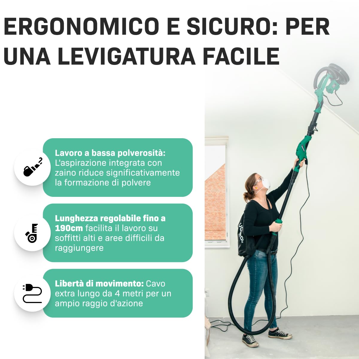 VONROC Levigatrice per Cartongesso Elettrica con Aspirazione – Manico Telescopico – Velocità Variabile – Per Pareti e Soffitti – Ideale per Fai‑da‑Te e Ristrutturazioni Domestiche