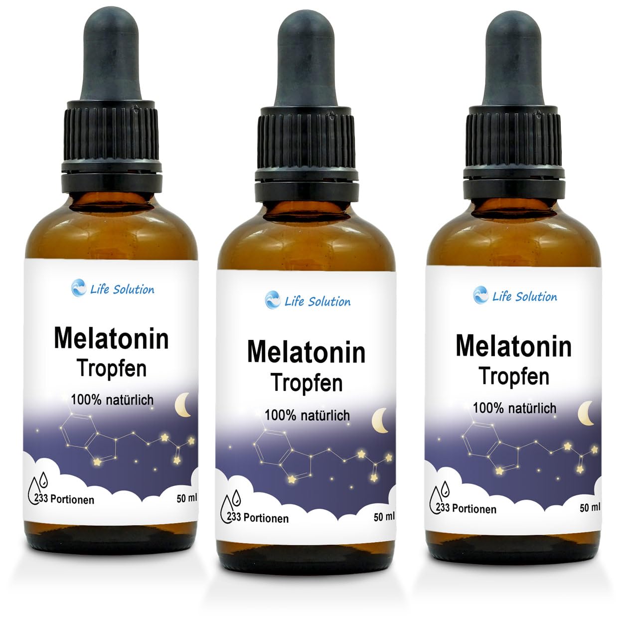 Melatonin Tropfen - 3x 50 ml - 100% Natürlich - Schlaftropfen - Entspannungstropfen - mit milden Vanillegeschmack
