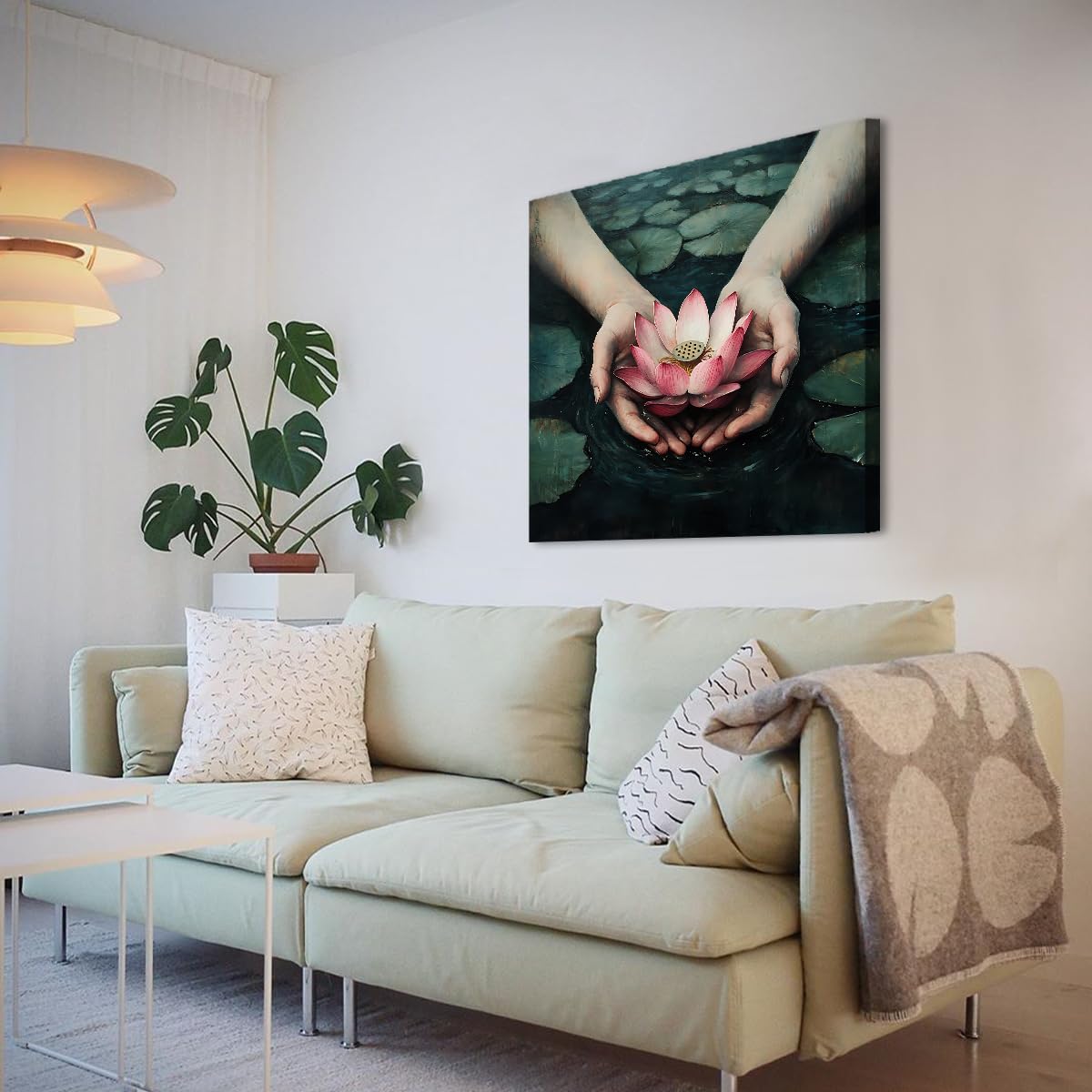 YUNART Tela pittura da tela arte murale con mano ninfea laghetto di fiori decorazioni murali per soggiorno cucina bagno ufficio arredamento della casa 90x90cm Telaio interno