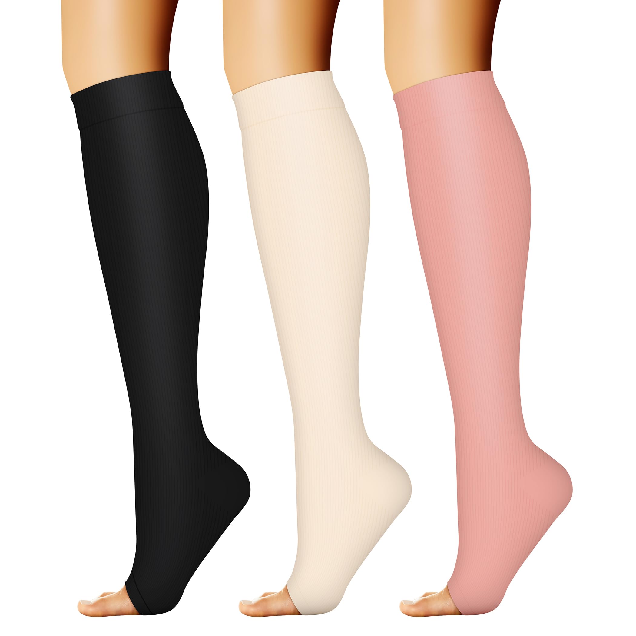 CHARMKING 3 Pairs Open Toe Compression Socks for Women & Men Circulation 15-20 mmHg is Best Support for All Day Wear