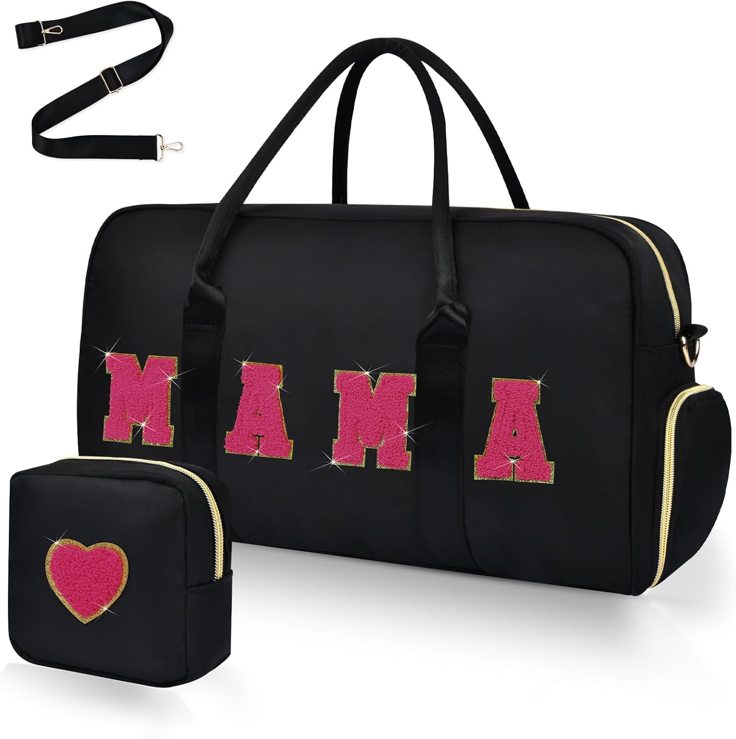 Mama Hospital Bag for Women Labor and Delivery Nylon Chenille Letter Embroidered Travel Duffle Overnight Weekender Bag with Shoes Compartment and Mothers Day Gifts Black-Hot Pink