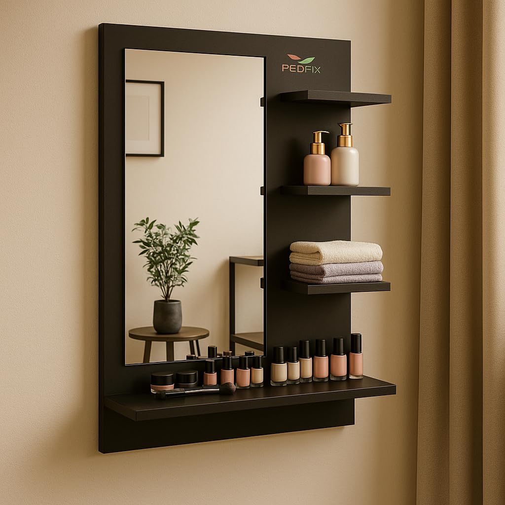 PEDPIX Engineered Wood Dressing Table With Rectangular Mirror, White Wenge Finish, DIY Wall Mounted Vanity With Shelf (Black)