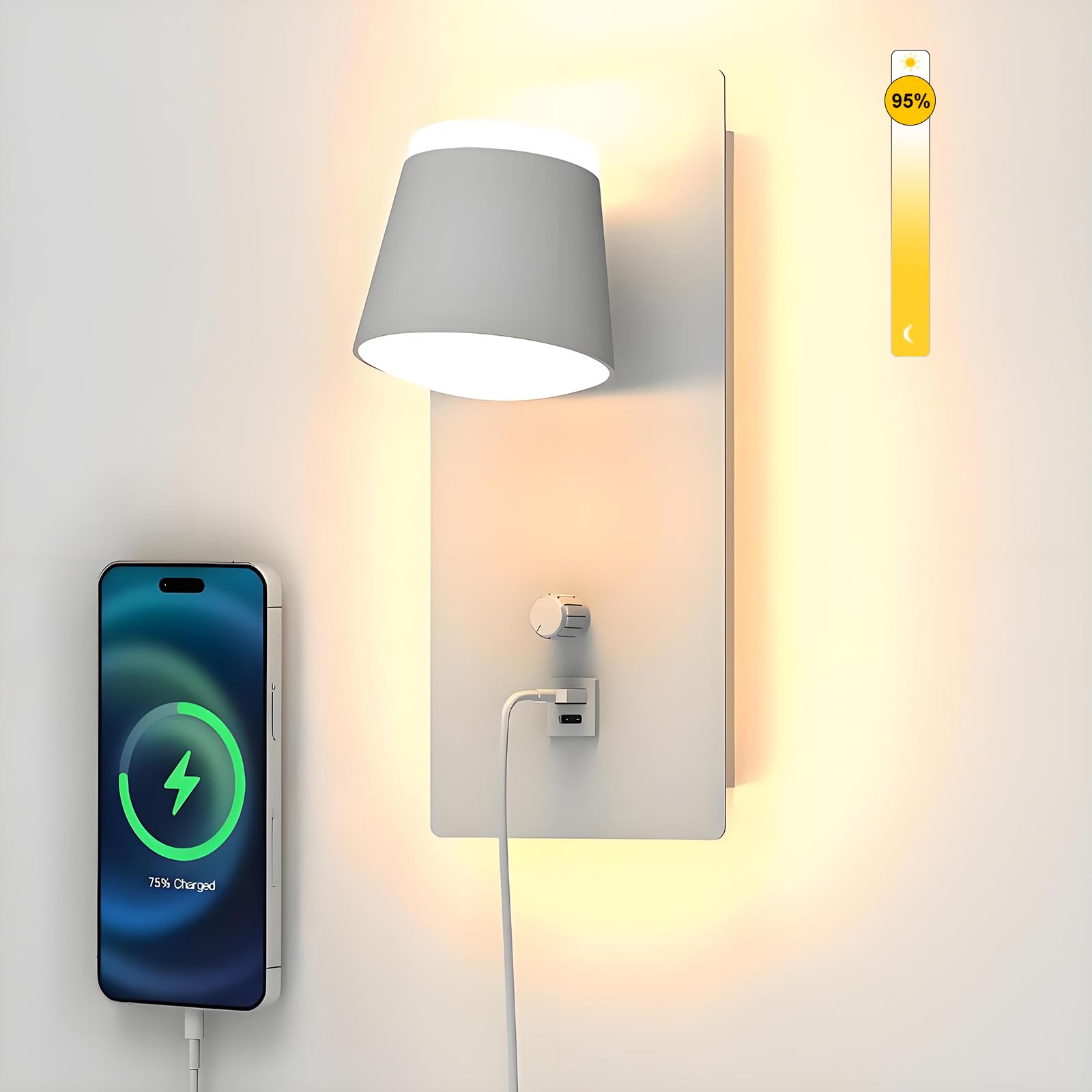 Sytmhoe Aplique de pared blanco con interruptor, puerto de carga USB tipo C, 16 W, 3000 K, LED regulable, pantalla de aluminio para lectura, ideal para dormitorio, sala de estar o apartamento.