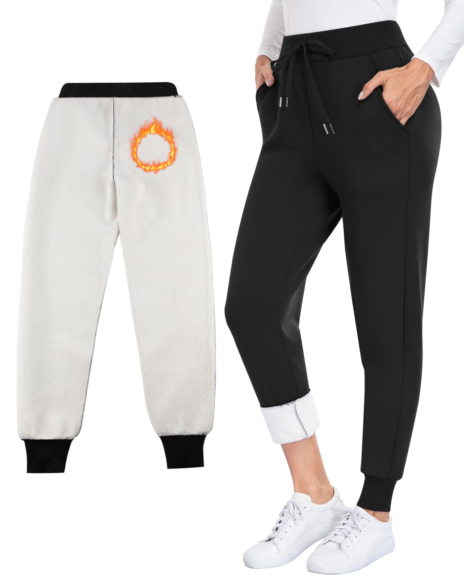 CHRLEISURE Fleece Lined Pants Women - Thermal Winter Warm Cold Weather Athletic Jogger Sweatpants with Pockets
