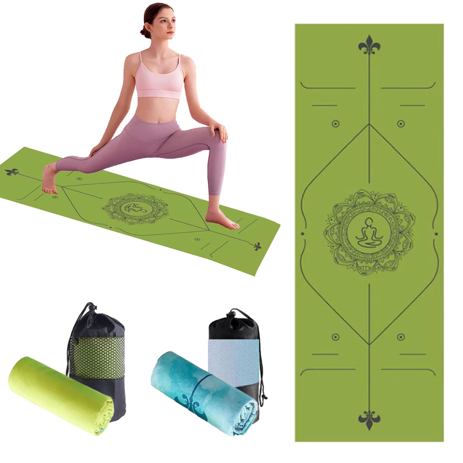 Oaygat Green-A Yoga Towel Non Slip Hot Yoga Mat Towel For Mat Breathable Travel Yoga Blanket Quick Dry Pilates Fitness Exercise Yoga Gym Mats Towel 24" X72" Sweat Absorbent Hot Mat Cloth With Carrying Bag