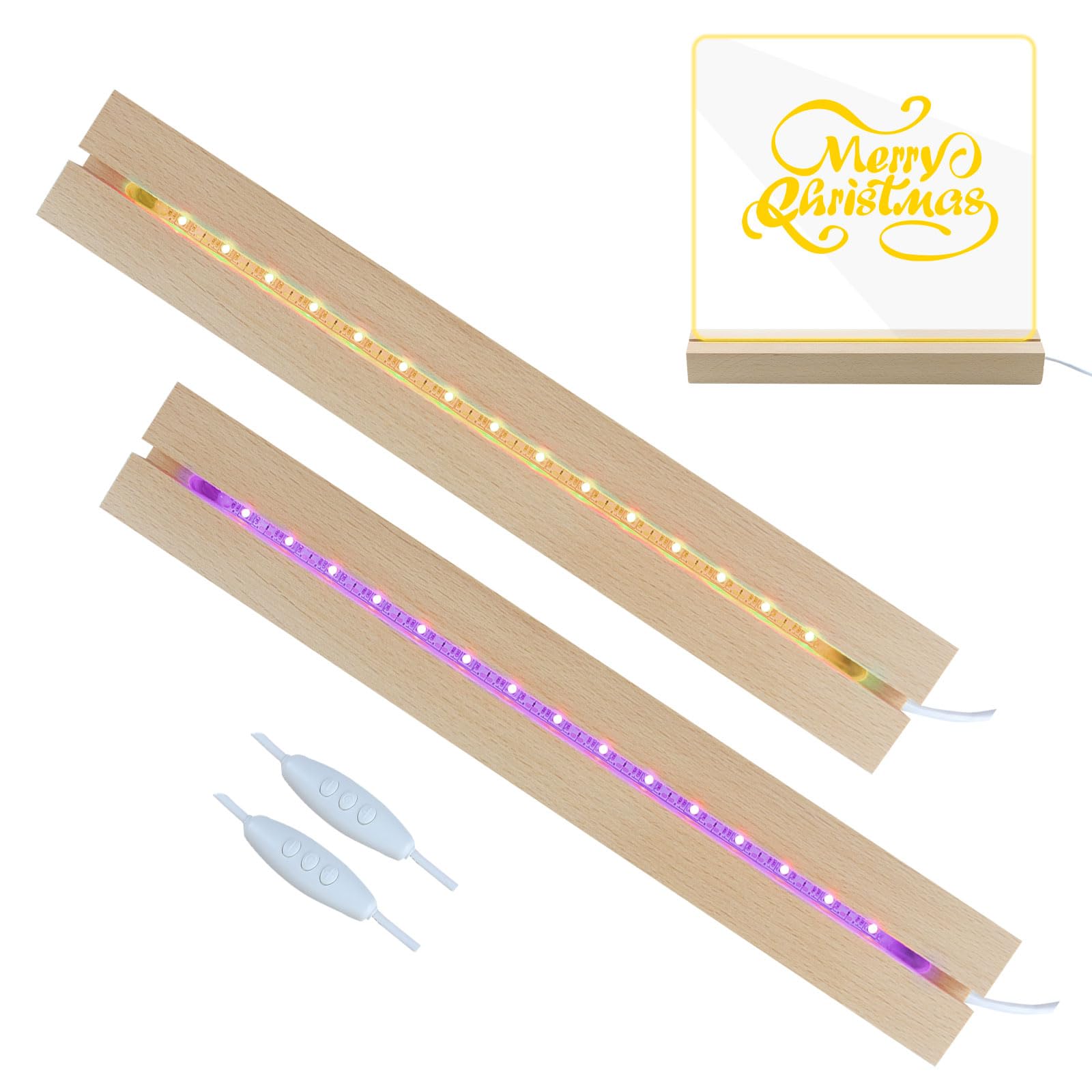 Qivine 11.81 Inch Rectangle Display Pedestal,2 Pcs Wooden LED Light Display Base LED Lights Display Pedestal 7 Colores Stand Adjustable Brightness USB