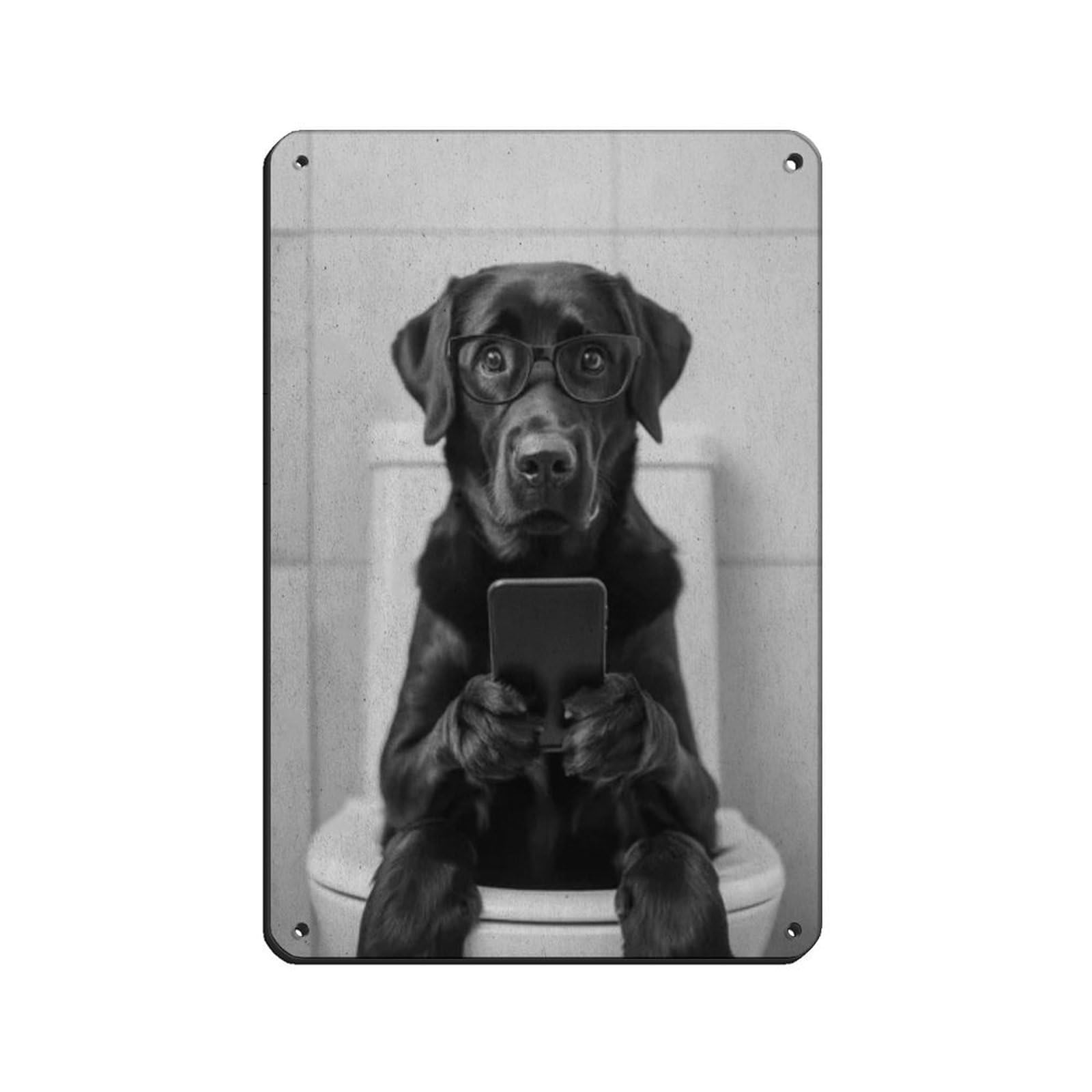 Black Labrador Sitting On Toilet Art Retro Poster Metal Tin Sign Chic Art Retro Iron Painting Bar People Cave Cafe Family Garage Poster Wall Decoration 8x12inch(20x30cm)