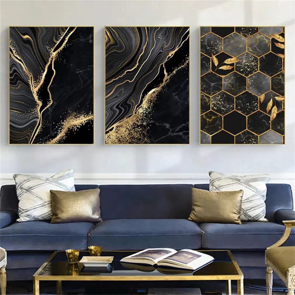Wuhbcz Black/White/Golden Canvas Paints-Abstract Art Print Wall Art Canvas Marble Mosaic With Veins Posters Wall Paintings Office Room Decorations-60 * 80Cm/3Pcs (No Frame)