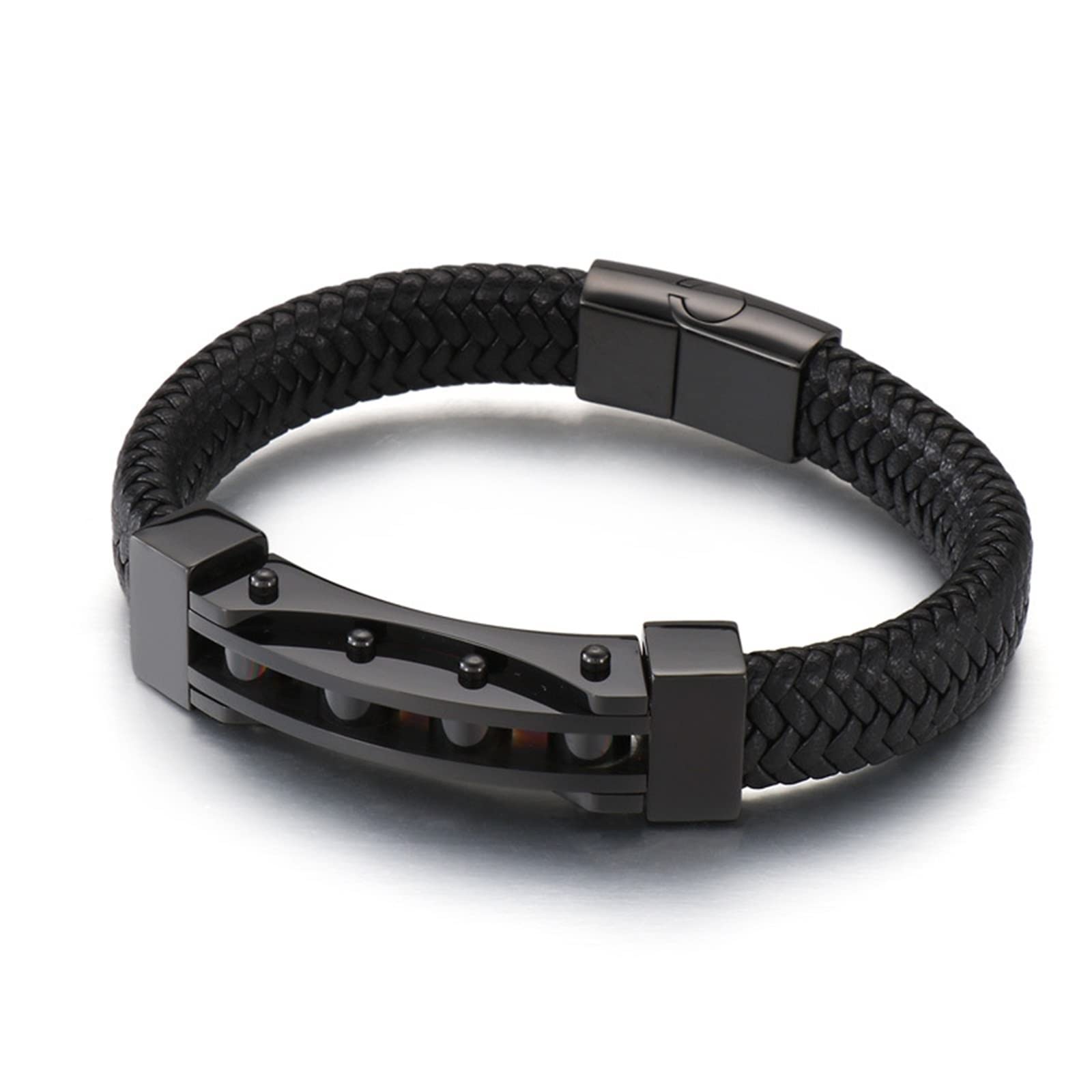 Bracelet Cuir Large Homme, Bracelet St Valentin Acier Inoxydable Cuir Tressage de Panier Chaîne de Moto Simple Engagement Cadeau Bijoux Homme