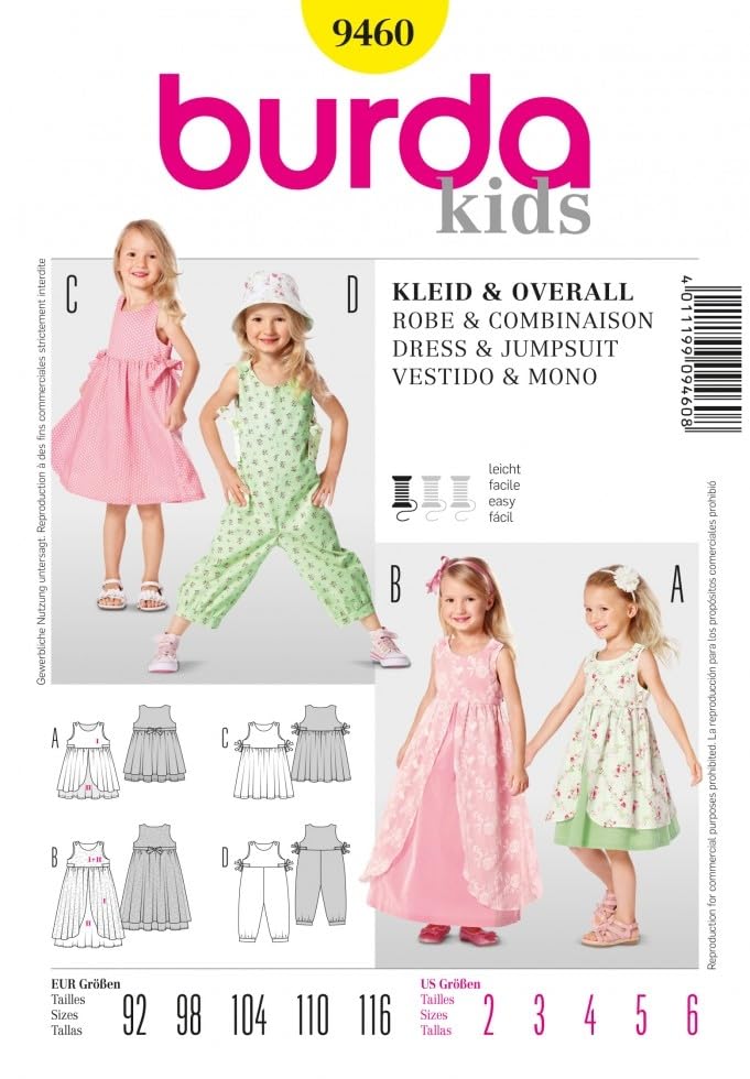 Burda Childrens Easy Sewing Pattern 9460 Dresses & Jumpsuit