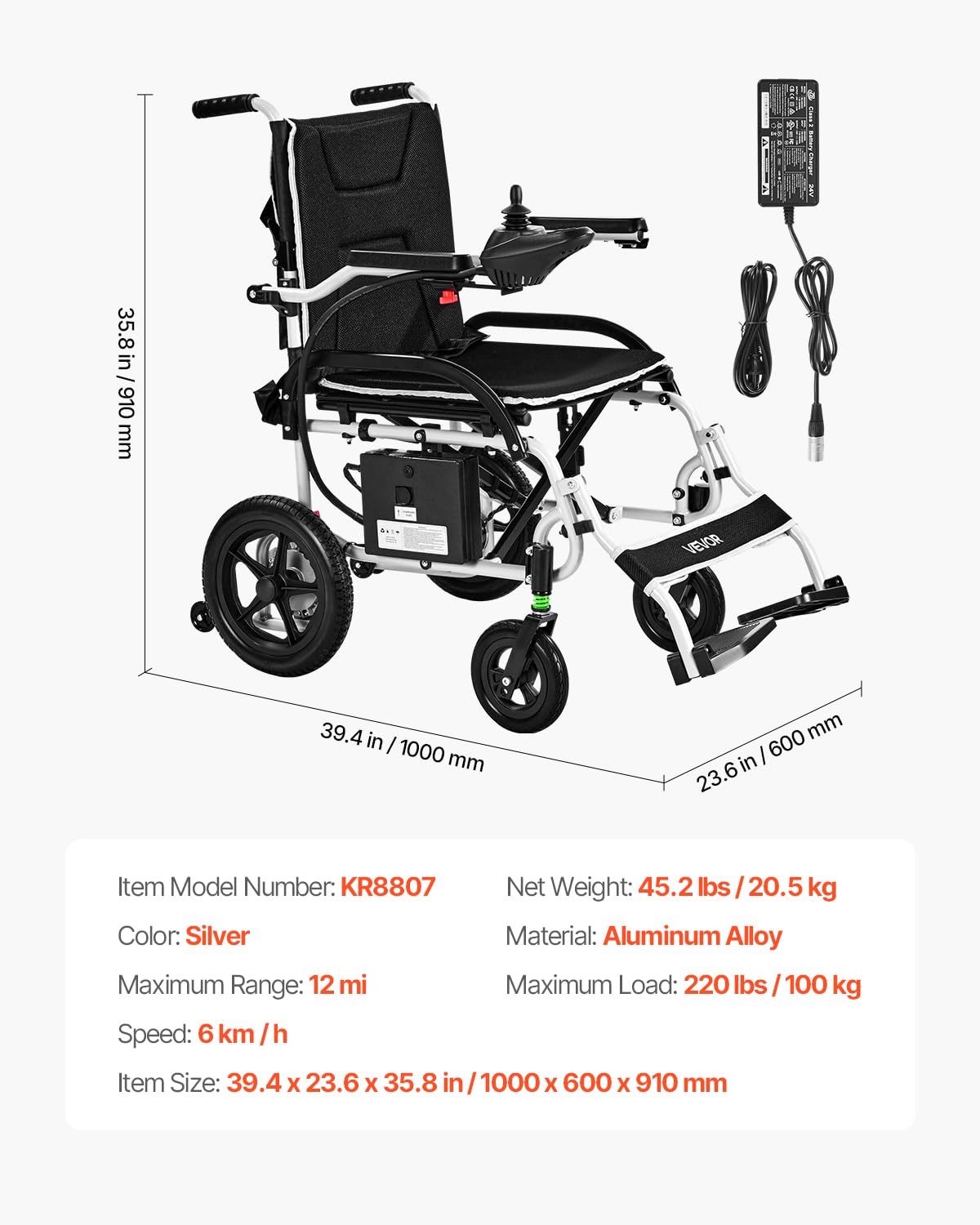 VEVOR Silla de Ruedas Eléctrica para Adultos Capacidad de 100 kg Plegable Ligera Motorizada Autonomía de 19,3 km Ajuste de 5 Velocidades Todoterreno Portátil para Personas Mayores, Discapacitadas