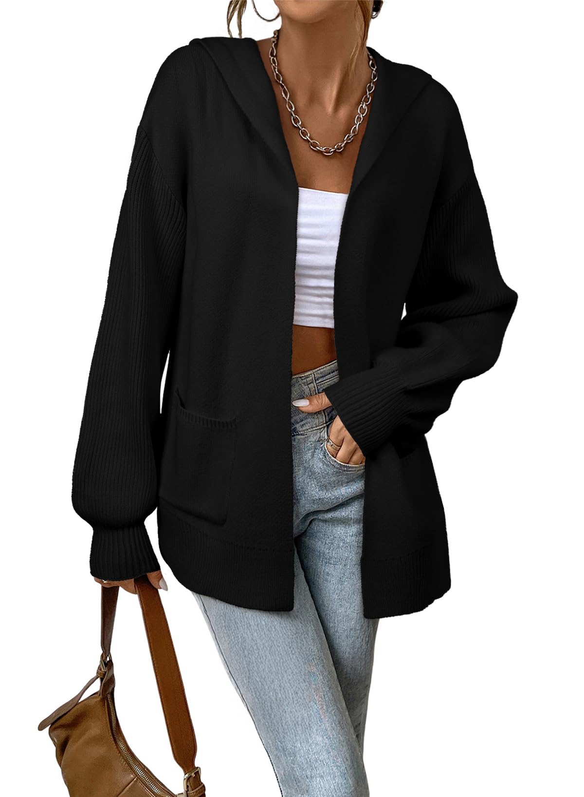 Astylish Women Hooded Cardigan Sweaters Chunky Open Front Pockets Oversized Solid Ribbed Outerwear Fall Outfits