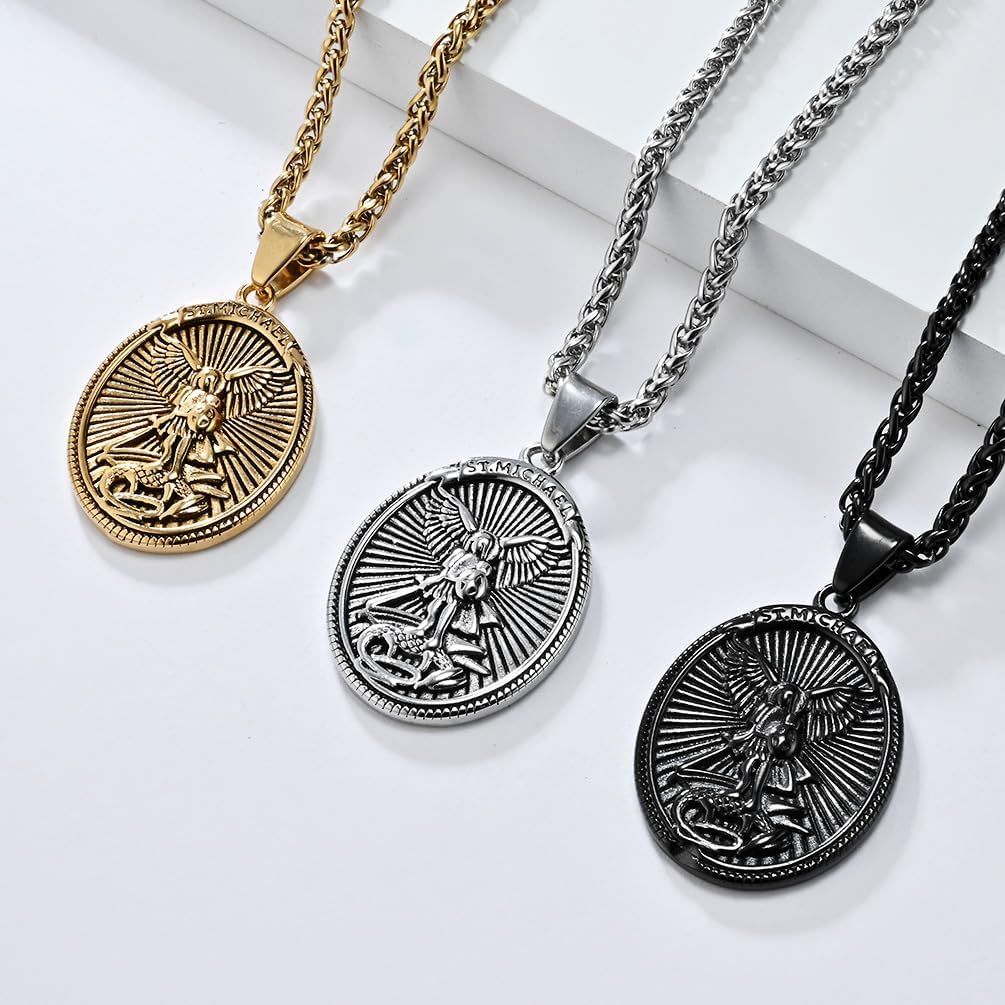 Men Saint Michael Necklace,Stainless Steel Black/Silver/Gold Archangel Pendant Necklace Amulet Medal Jewelry,60cm Rolo Chain