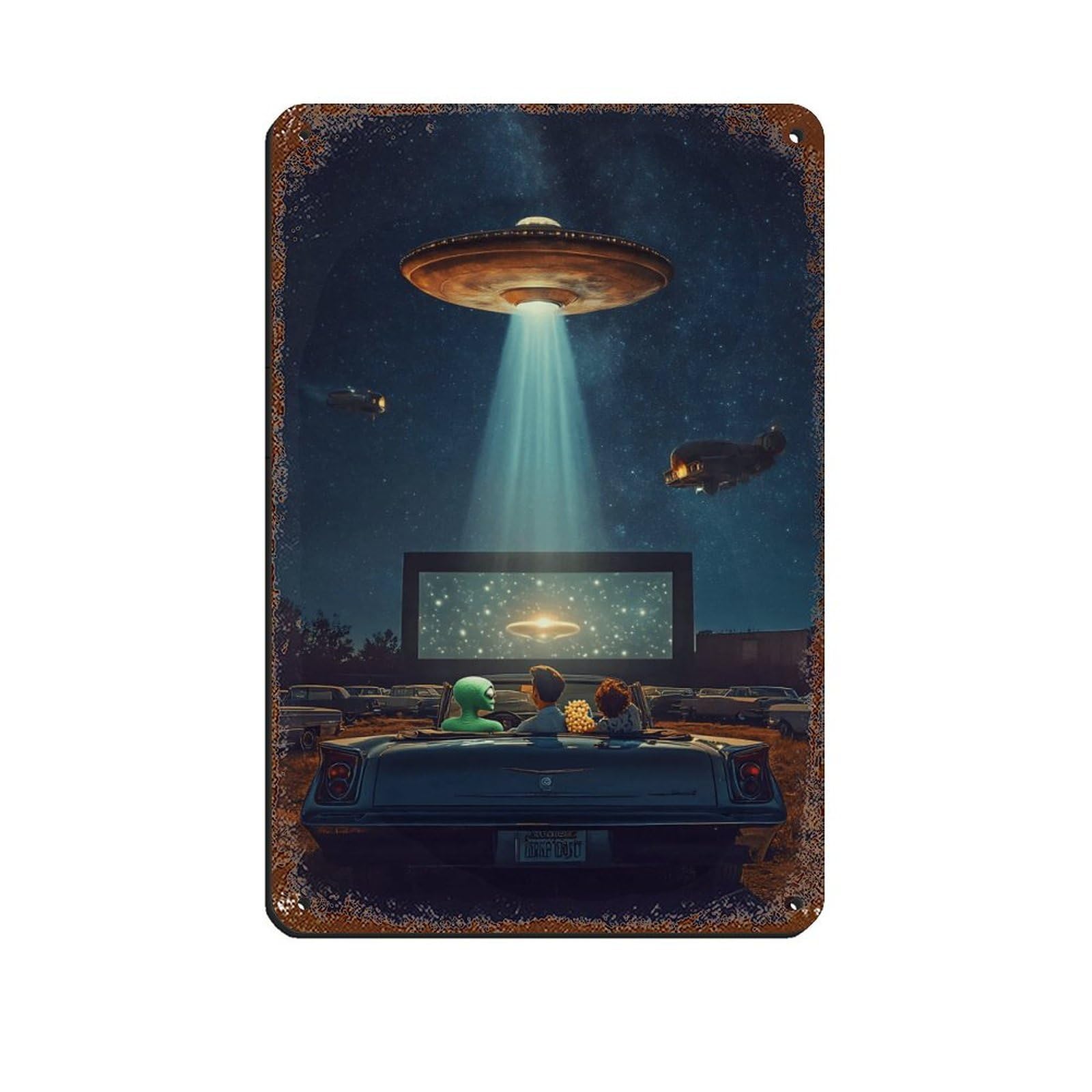 Retro UFO Drive-In Movie Night Retro Poster Metal Tin Sign Chic Art Retro Iron Painting Bar People Cave Cafe Family Garage Poster Wall Decoration 8x12inch(20x30cm)