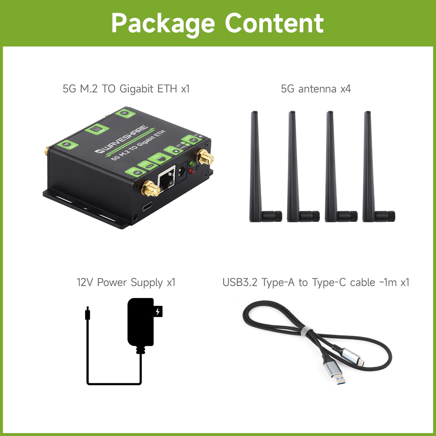 Waveshare 5G M.2 to Gigabit Ethernet Converter, 5G M.2 to USB3.1, Aluminum Alloy Case, Wall-Mount Support, Quad Antennas for Networked Medical Treatment, Smart Robots, Security Monitoring Networking