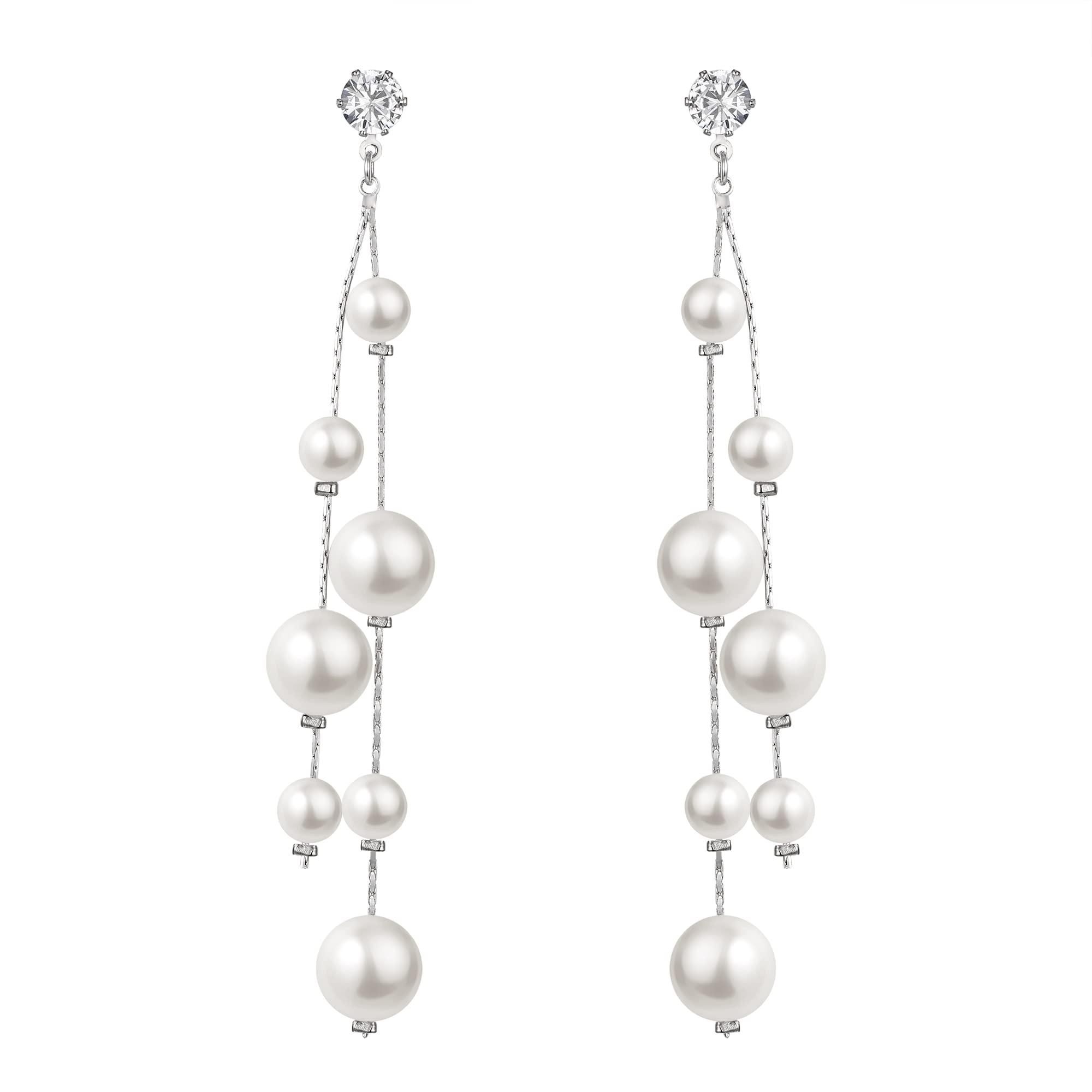EleQueen Simulated Pearl Ball Dangle Earrings for Women, Cubic Zirconia Long Chain Jewelry for Wedding Party