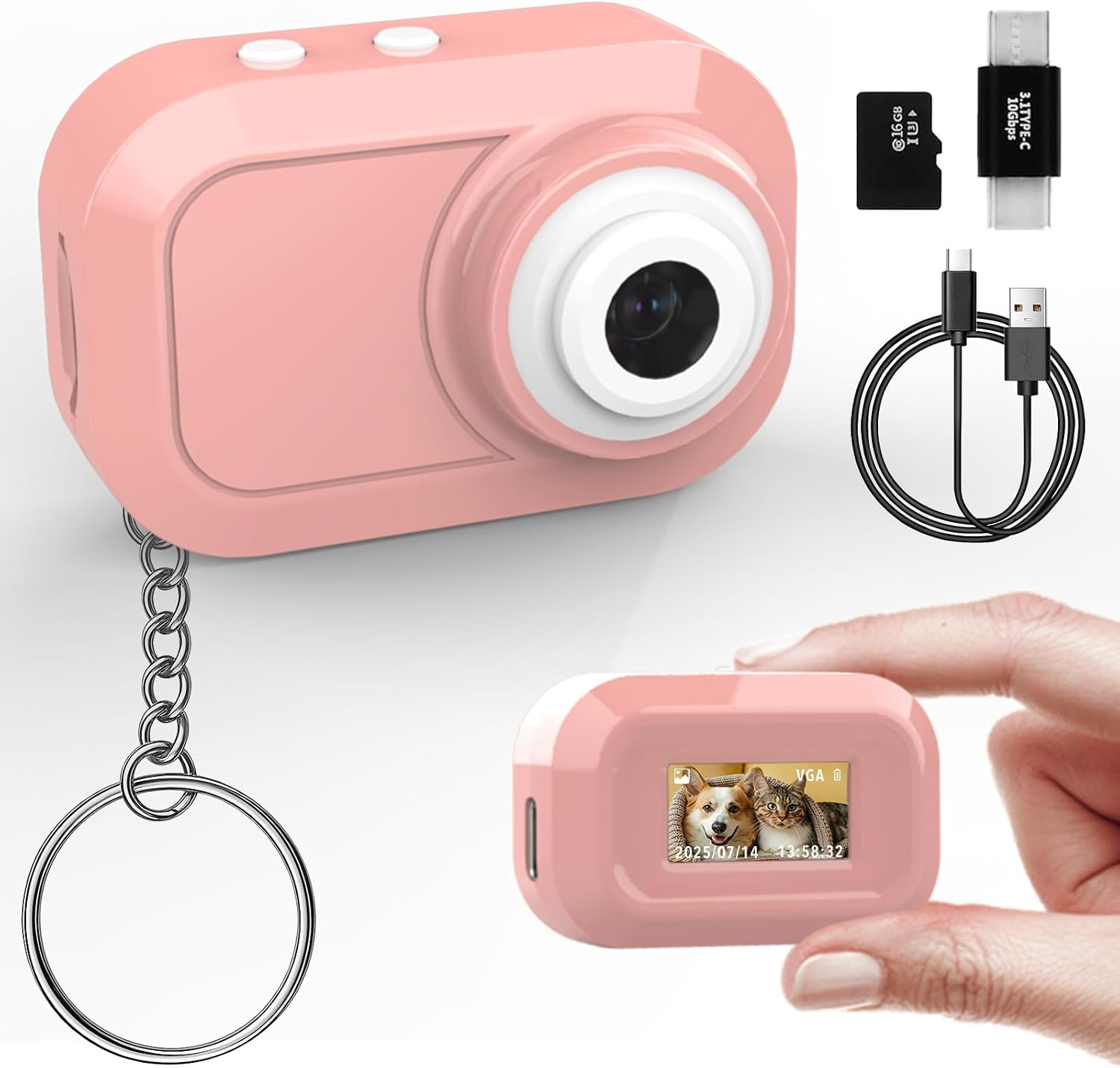 Mini Keychain Camera with 14M 1080P FHD, Mini Pocket Digital Camera - 0.96" Tiny Portable Small Cameras, Video Recorder with 16GB Card, OTG for Travel Study Recording Vlog Night Shots (Pink)
