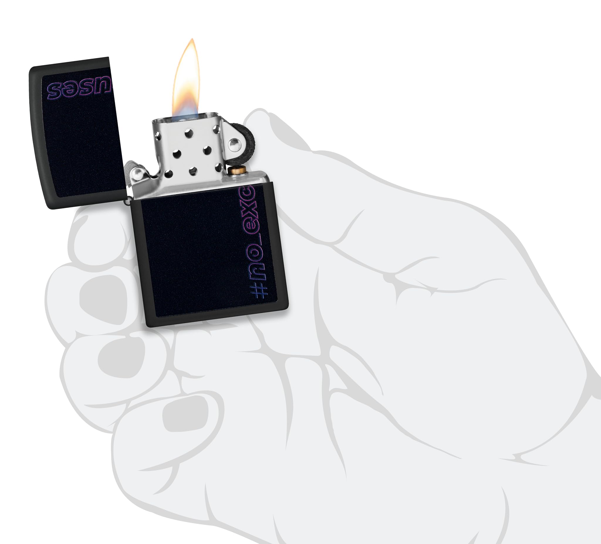 Zippo Sturmfeuerzeug - No Excuses, Black Matte, Black Light - Nachfüllbar - Wiederverwendbar - Windfestes Design - Geschenkbox - Made in USA