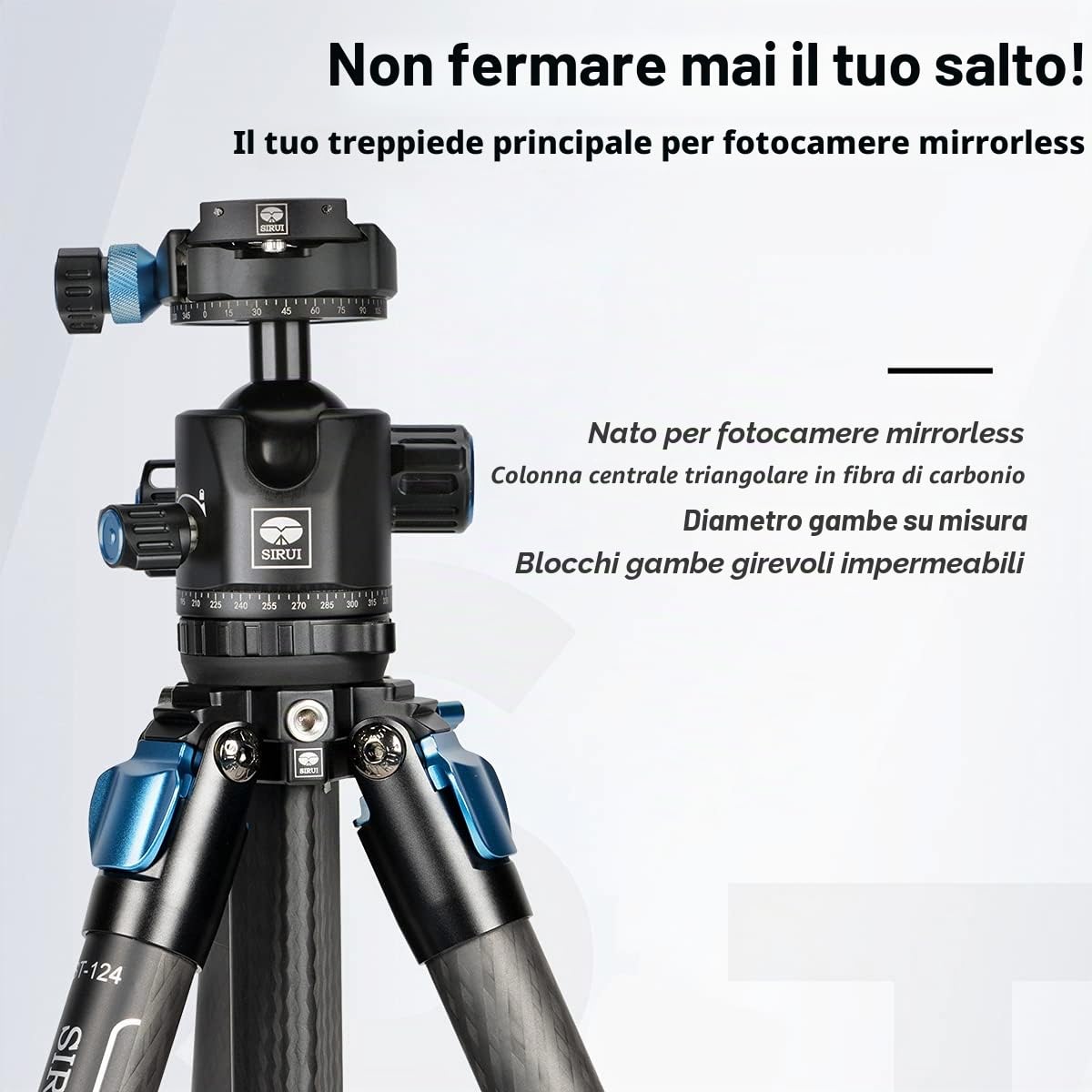 SIRUI ST-124+ST-10X Treppiede impermeabile per fotocamere in carbonio con testa a sfera a 360°, treppiede da viaggio professionale in fibra di carbonio, colonna centrale a triangolo, max 166 cm, 12 kg