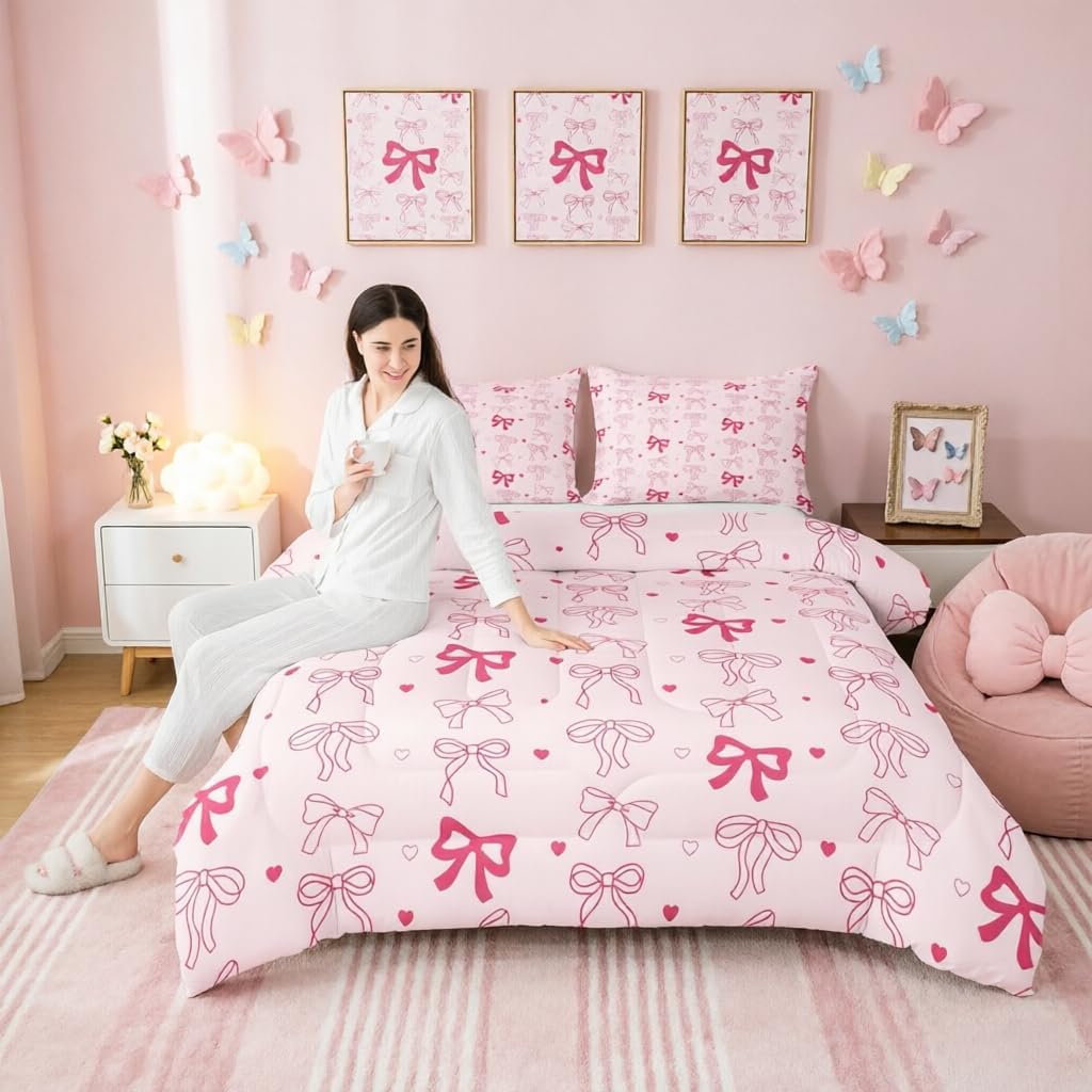 Feelyou Pink Bowknot Kids Comforter Set Full Size Bow tie Bedding Set Kawaii Bow Duvet Quilt for Kids Boys Girls Bedroom Cute Love Heart Decor Microfiber Ultra Soft Breathable