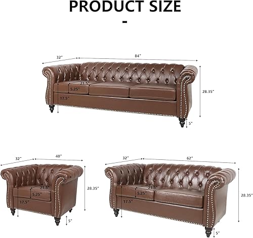 Miniatura 2 de AVZEAR Sofá Chesterfield de 84 pulgadas, 3 plazas, sofá clásico de cuero PU con brazos curvos y respaldo con botones capitoné, canapé tapizado