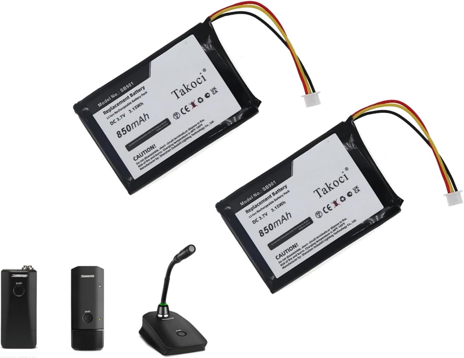 2PCS SB901, SB901A Replacement Battery Compatible with MXW6, MXW1, MXW8 Series Wireless Transmitters, 95A16715 Li-ion 850mAh/3.7V