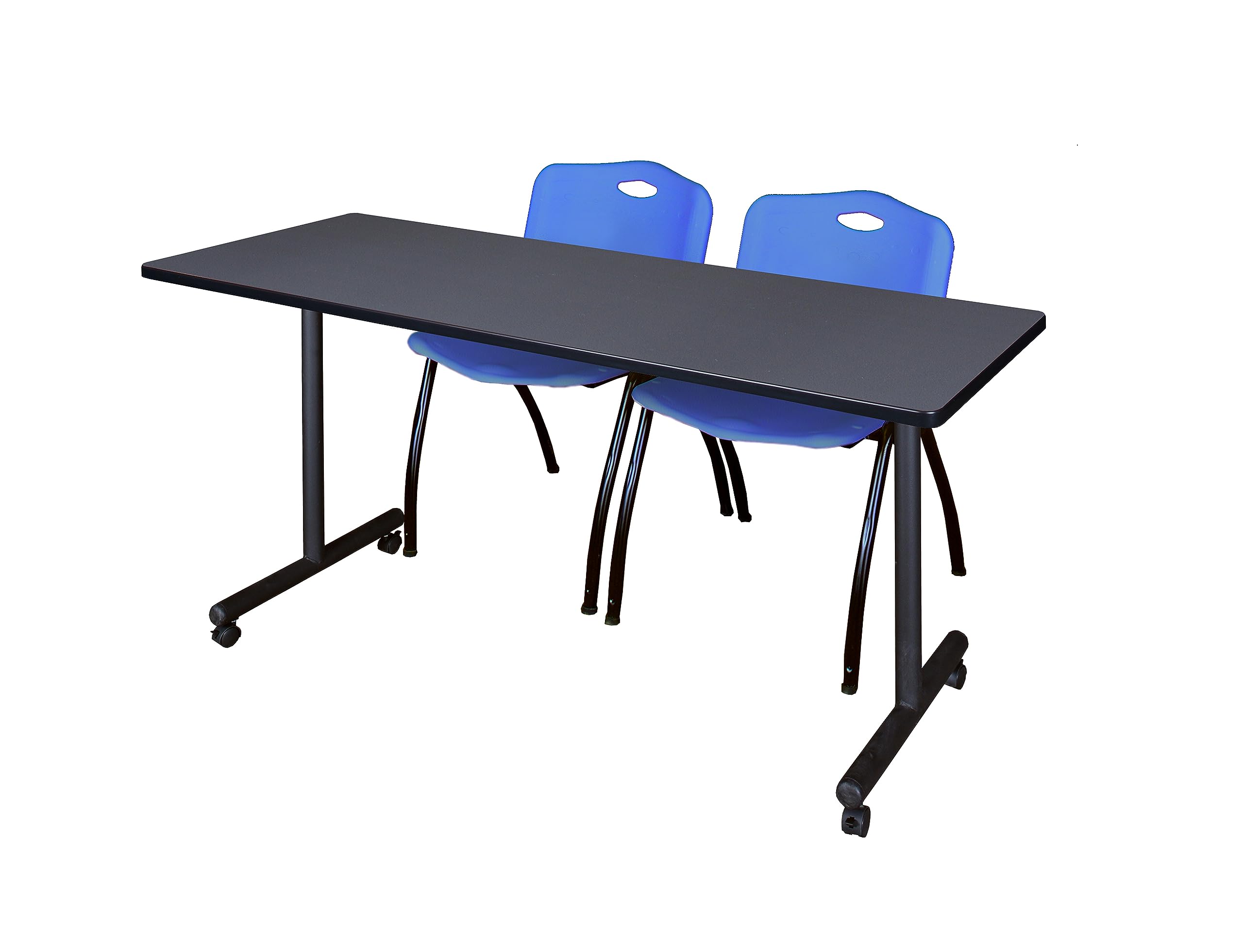 Romig Axis-Pro 66 x 24 in. Mobile T-Base Training Table- Grey, 2 M Stack Chairs- Blue
