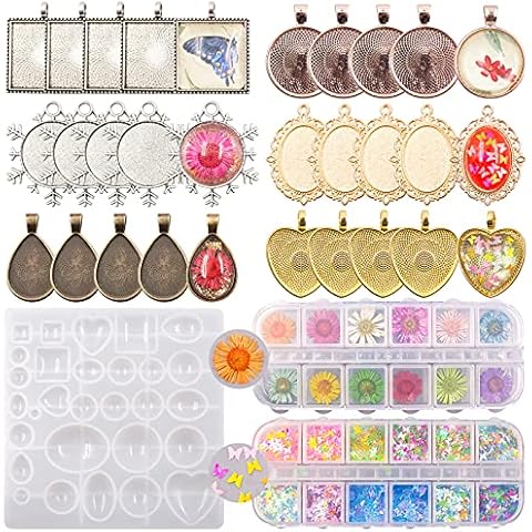 SnailGarden Jewelry Pendant Moulds,Silicone Resin Kits,with Pendant Trays Round Square Heart Teardrop Oval,Dried Flower and Butterfly Glitter for Resin DIY Jewelry Making Crafting Cover
