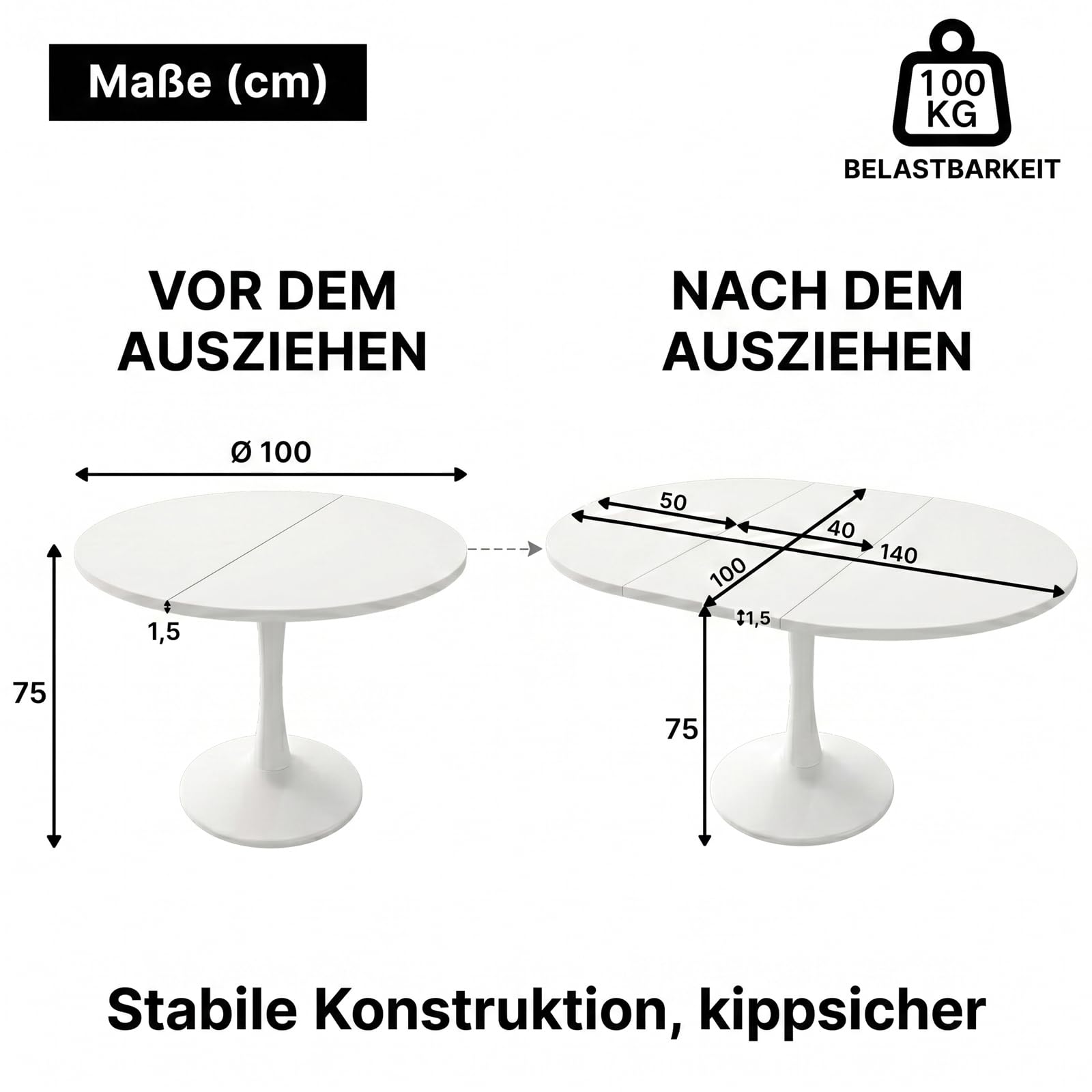 Tavolo da pranzo rotondo allungabile, tavolo da cucina 100/140 x 100 x 75 cm, tavolo da pranzo rotondo bianco per 2-6 persone, tavolo da pranzo allungabile per spazi multifunzionali