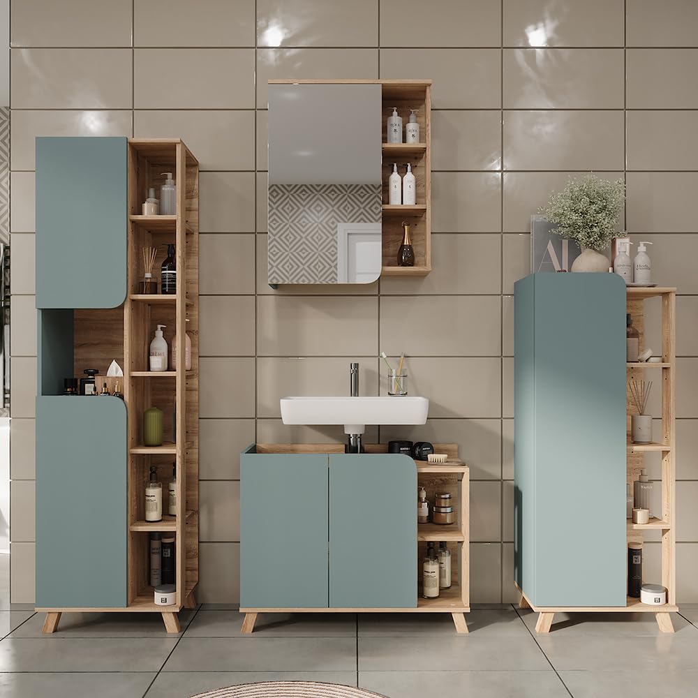 Vicco Set di mobili da bagno Karen, Sonoma/blu, 80 cm, composto da mobile lavabo, pensile a specchio, colonna e base media