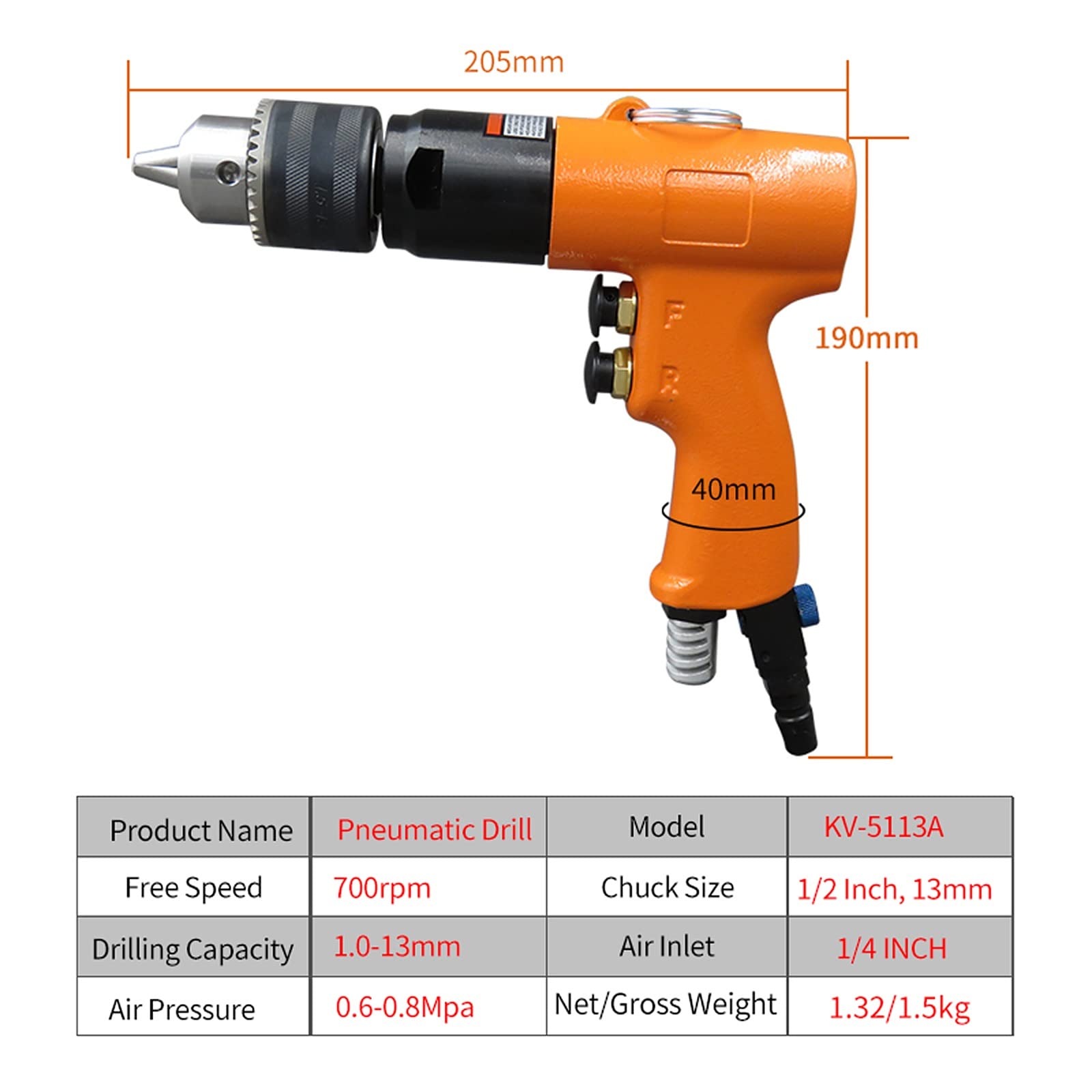 700 Rpm 1 Taladro de aire reversible neumático taladro 3 mm 1/2 "