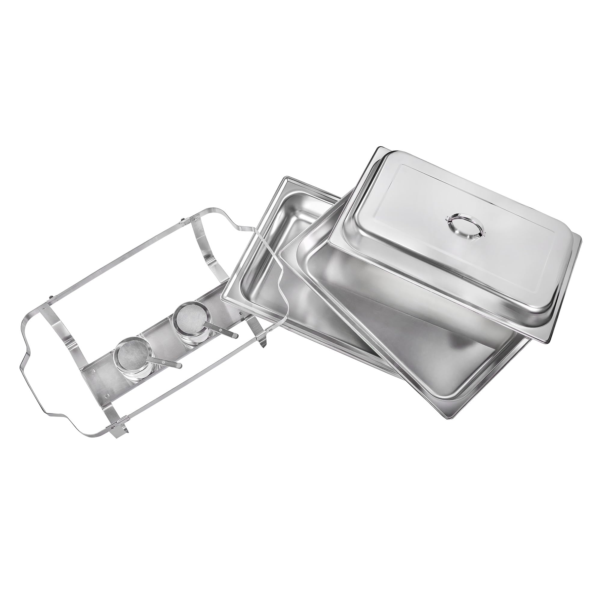 GN-Chafing Dish Speisewärmer Komplettset 1/1 inkl. Gestell mit Tragegriffen und Deckelhalterung, Wasserbadbehälter, GN-Behälter 1/1 65 mm, Brennpastenhalter inkl. Schliessmechanismus