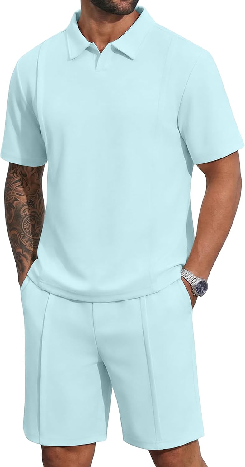 YTD Men's 2 Piece Outfits Casual Short Sleeve Polo Shirts and Shorts Sets Loose Fit Summer Athletic Track Suits