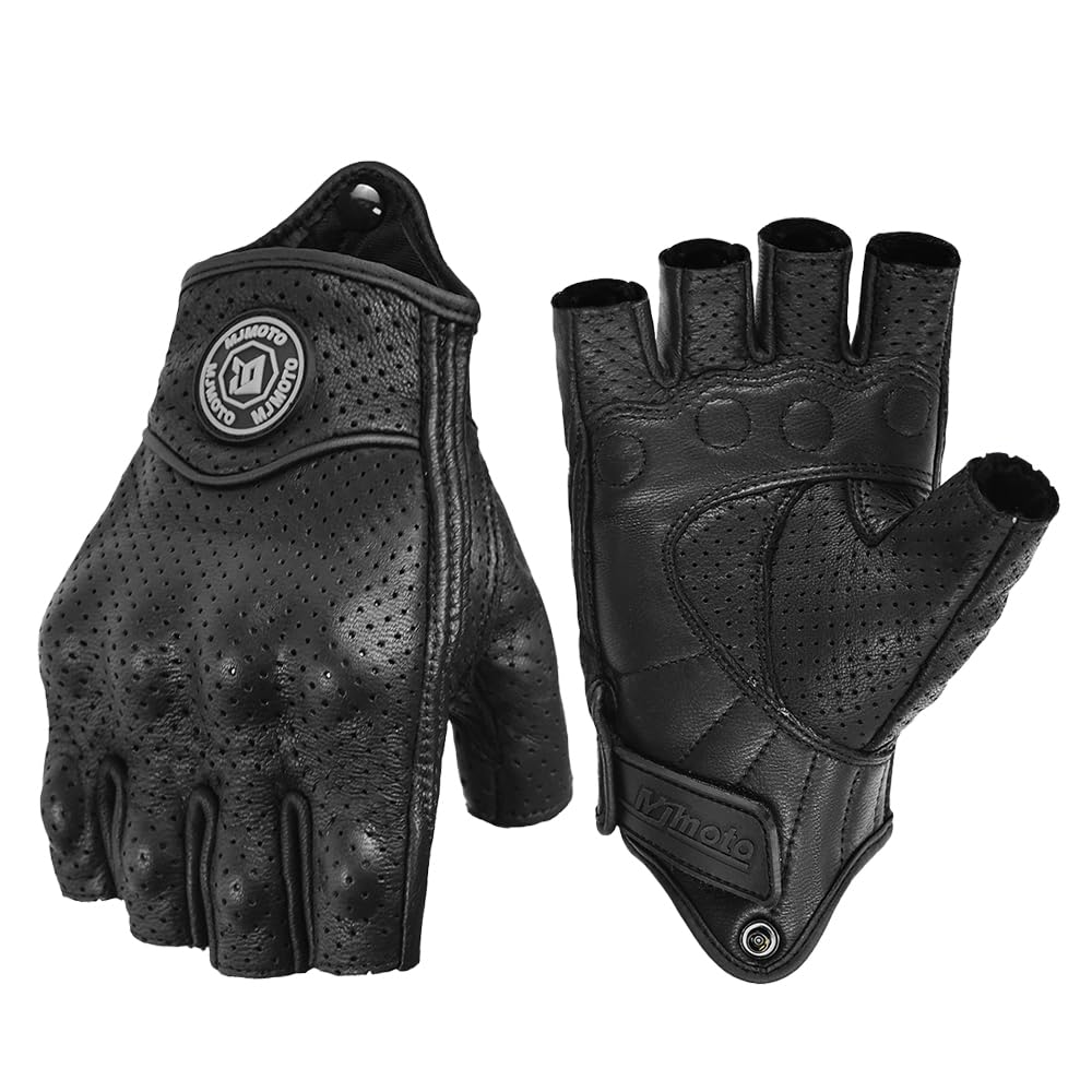 mjmoto Motorrad-Handschuhe aus Ziegenleder, Fingerlos, Vintage-Stil, Perforiert, Schwarz (Schwarz, XL)