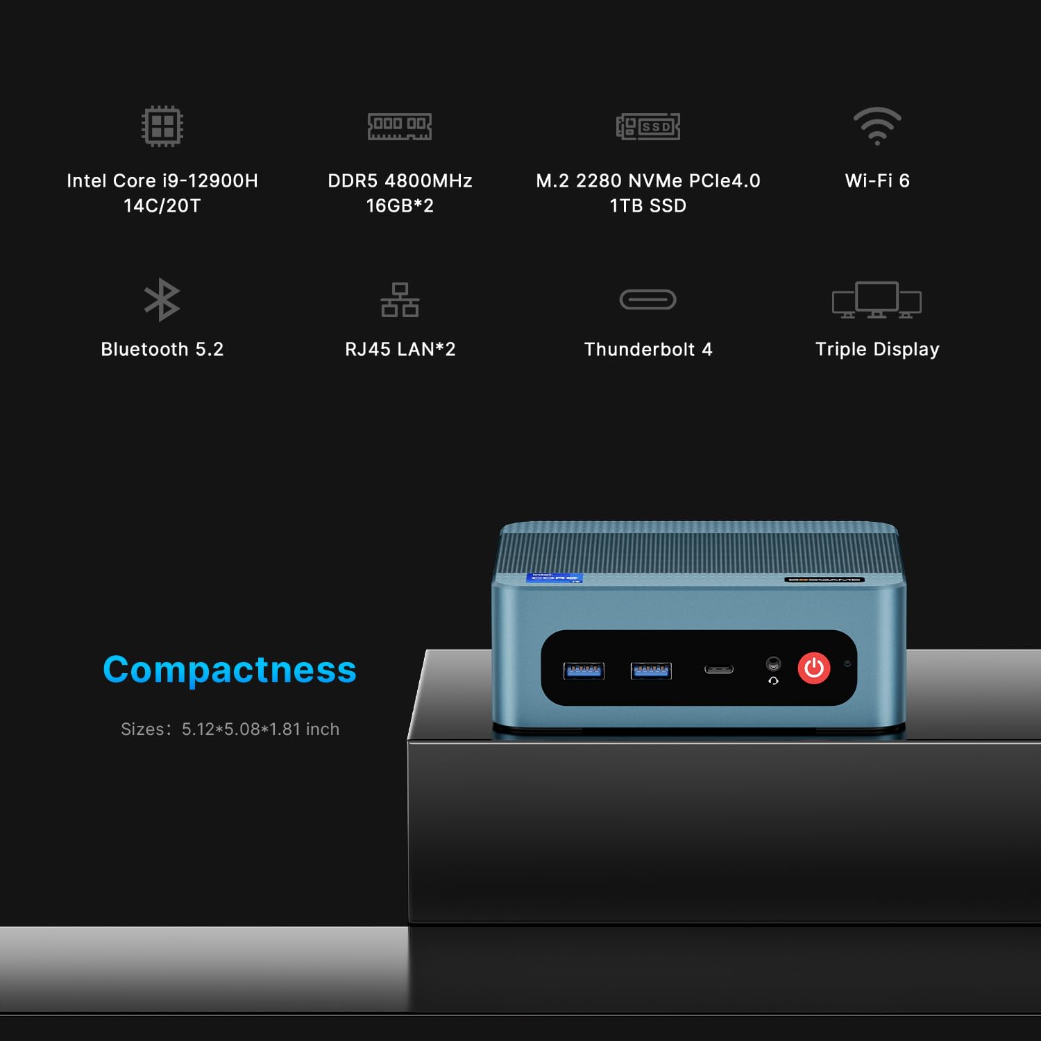 BOSGAME P2 Pro Mini PC, 12th Intel i9-12900H (14C/20T, up to 5.0