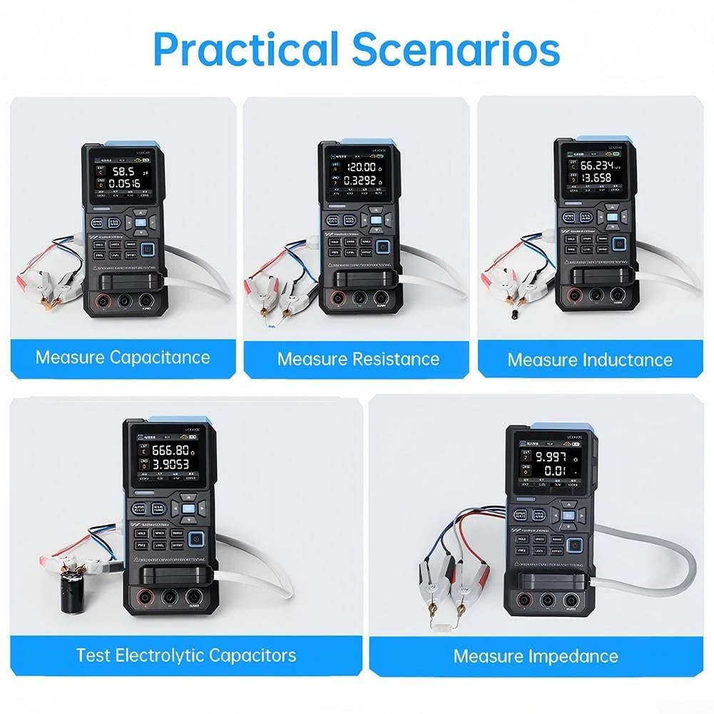 Medidor digital LCR, probador LCR ESR de puente portátil con frecuencias de prueba de 100Hz/120Hz/1kHz/10kHz/100kHz, para medición de componentes electrónicos de inductancia de capacitancia (LC1020E