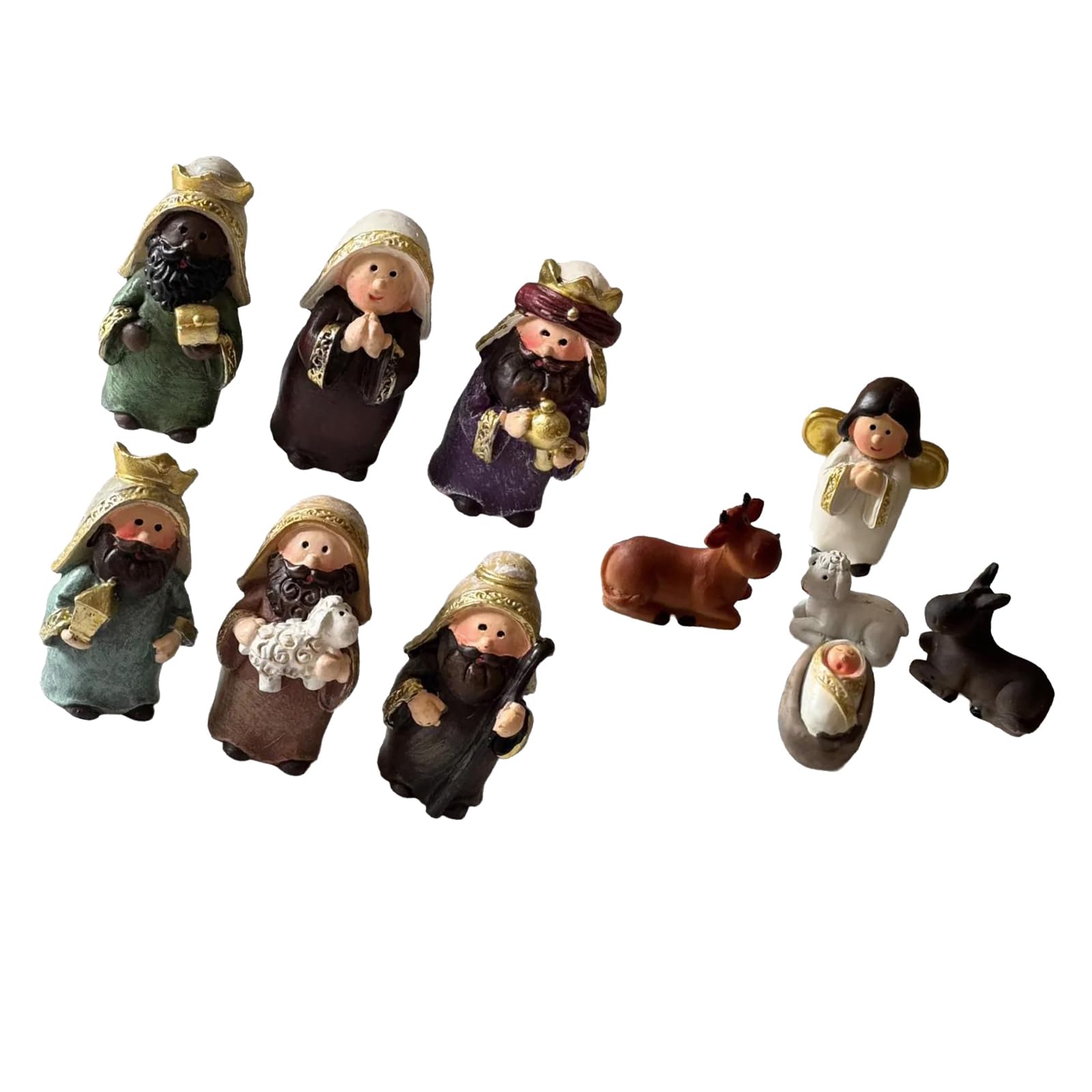 Xinsheinelry 11Pcs Cartoon Resins Nativity Scene Miniature Figurine Set for Christmas Holiday Religious Tabletop Decorative Ornaments Holiday Figurines