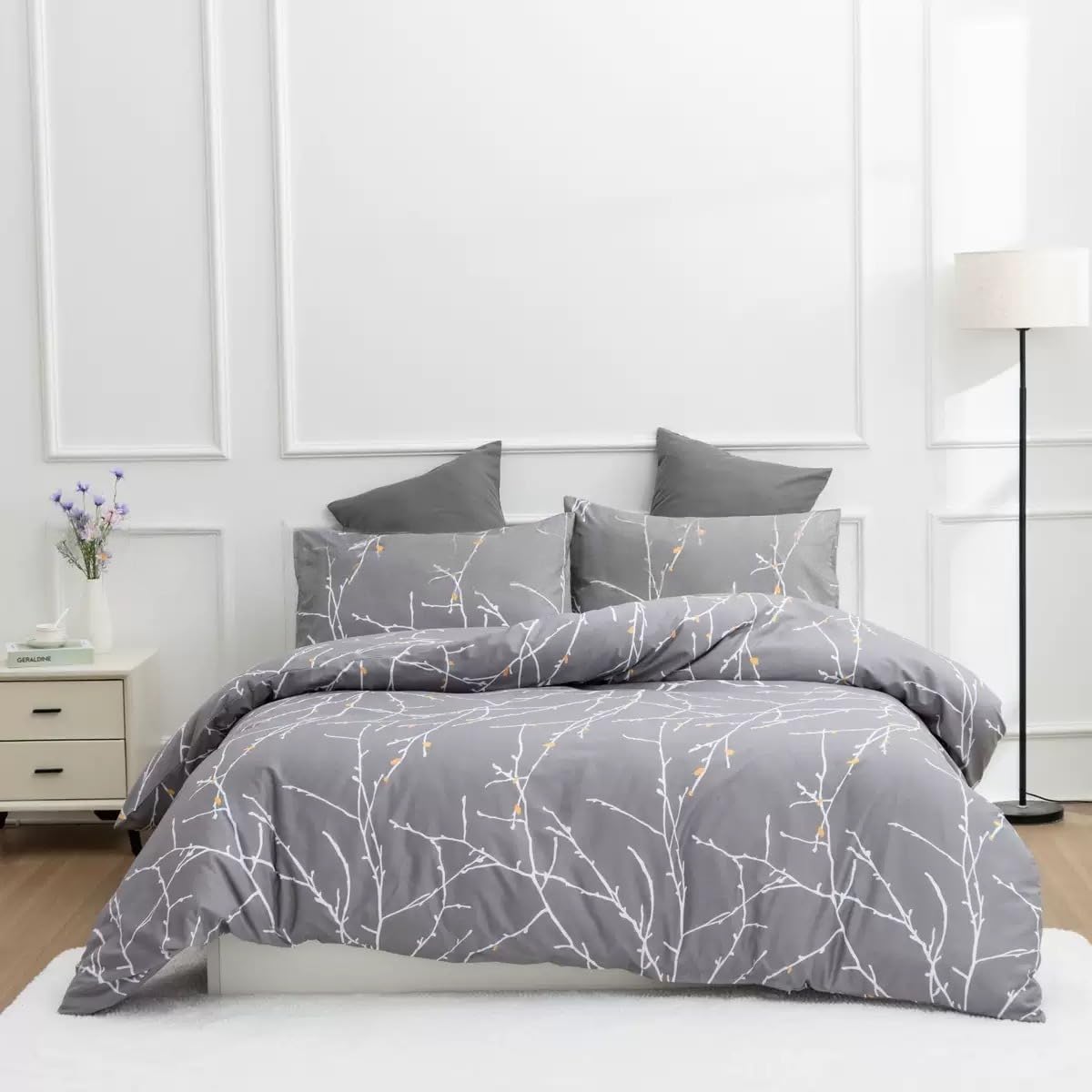 Double Bedding Set Double Duvet Set Reversible Grey Branches Print Duvet Cover Sets 200x200cm with 2 Pillowcases Zipper Luxury for Boys Girls Ultra Soft Brushed Microfiber Bedding Collections — image 1